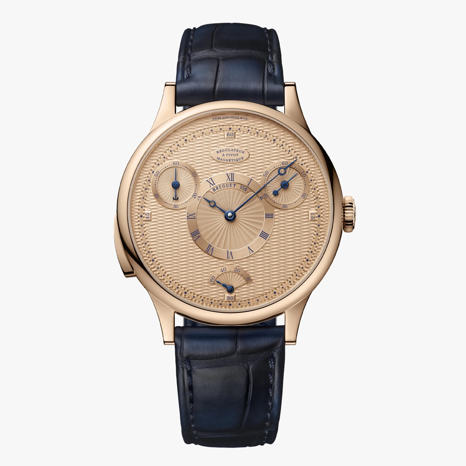 Rose gold Breguet wristwatch with a textured dial, blue hands, Roman numerals, and a dark blue leather strap.