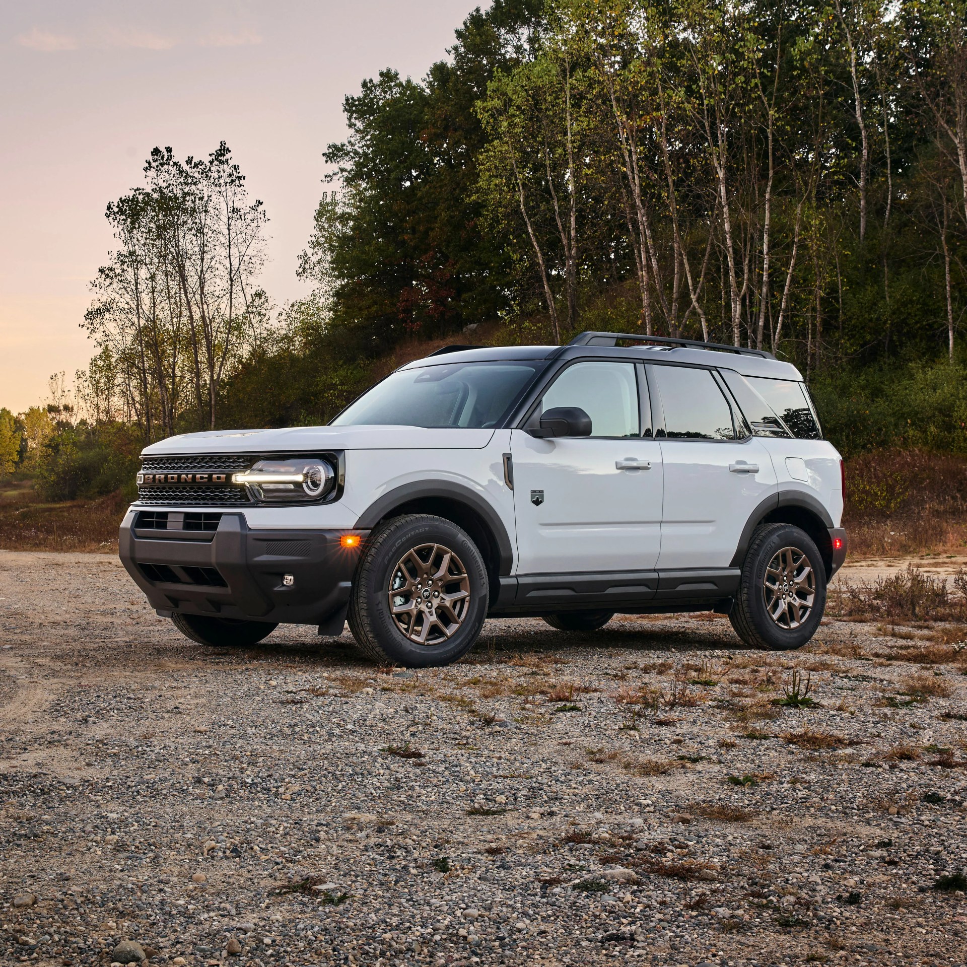 White Ford Bronco SUV with black roof and bronze wheels parked on gravel near trees at sunset.