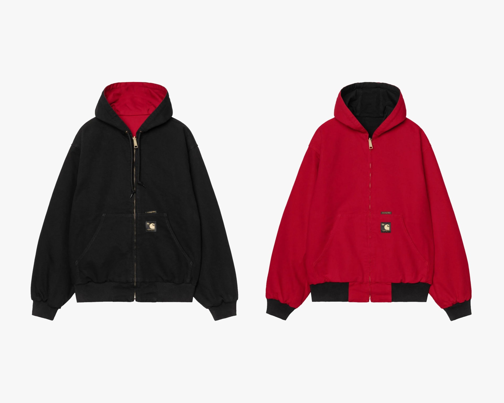 Two zip-up hoodies, one black with red lining and one red with black lining, both with front pockets and ribbed cuffs.