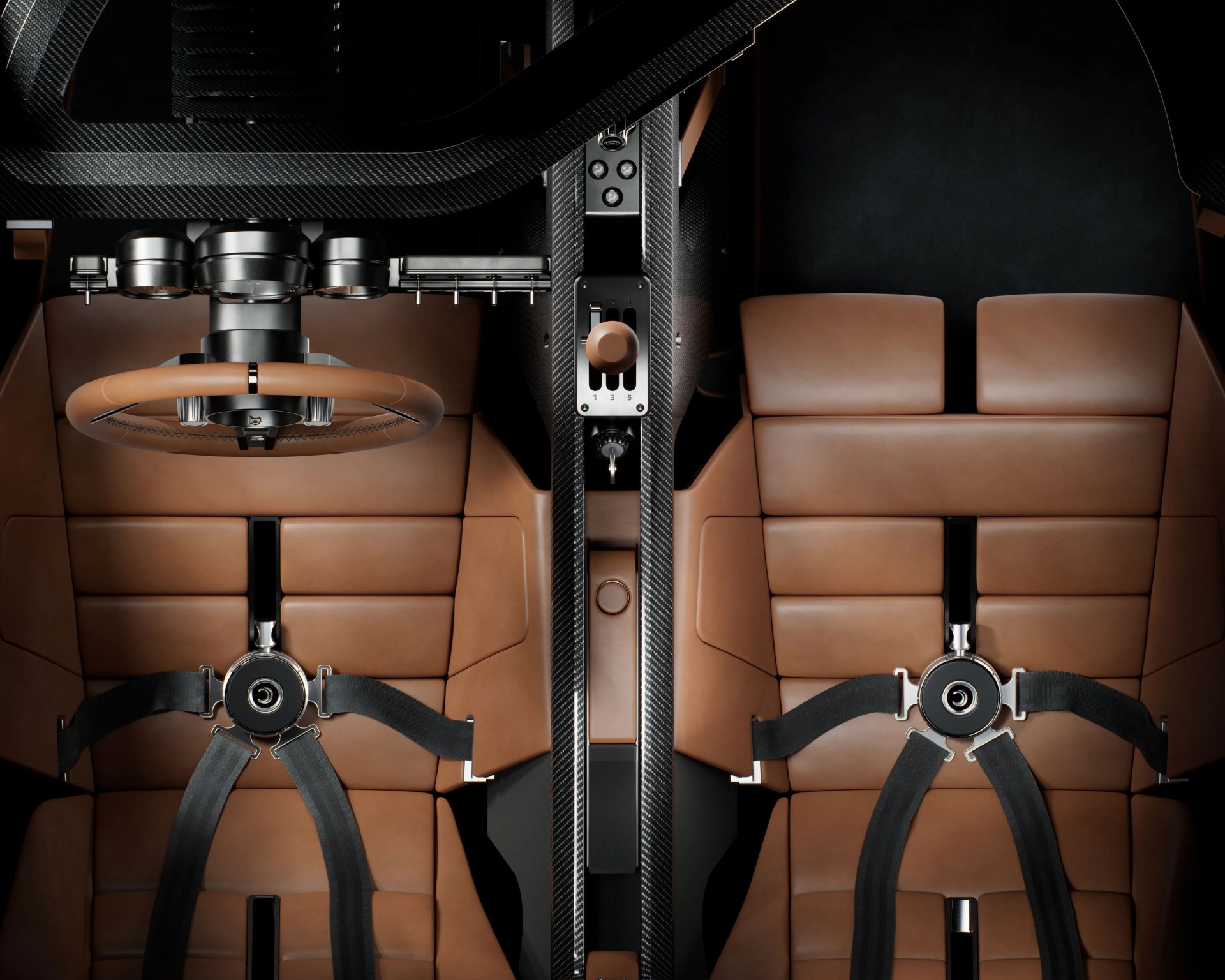 Top-down view of a car interior featuring two brown leather seats with black racing harnesses and a brown steering wheel with carbon fiber accents.