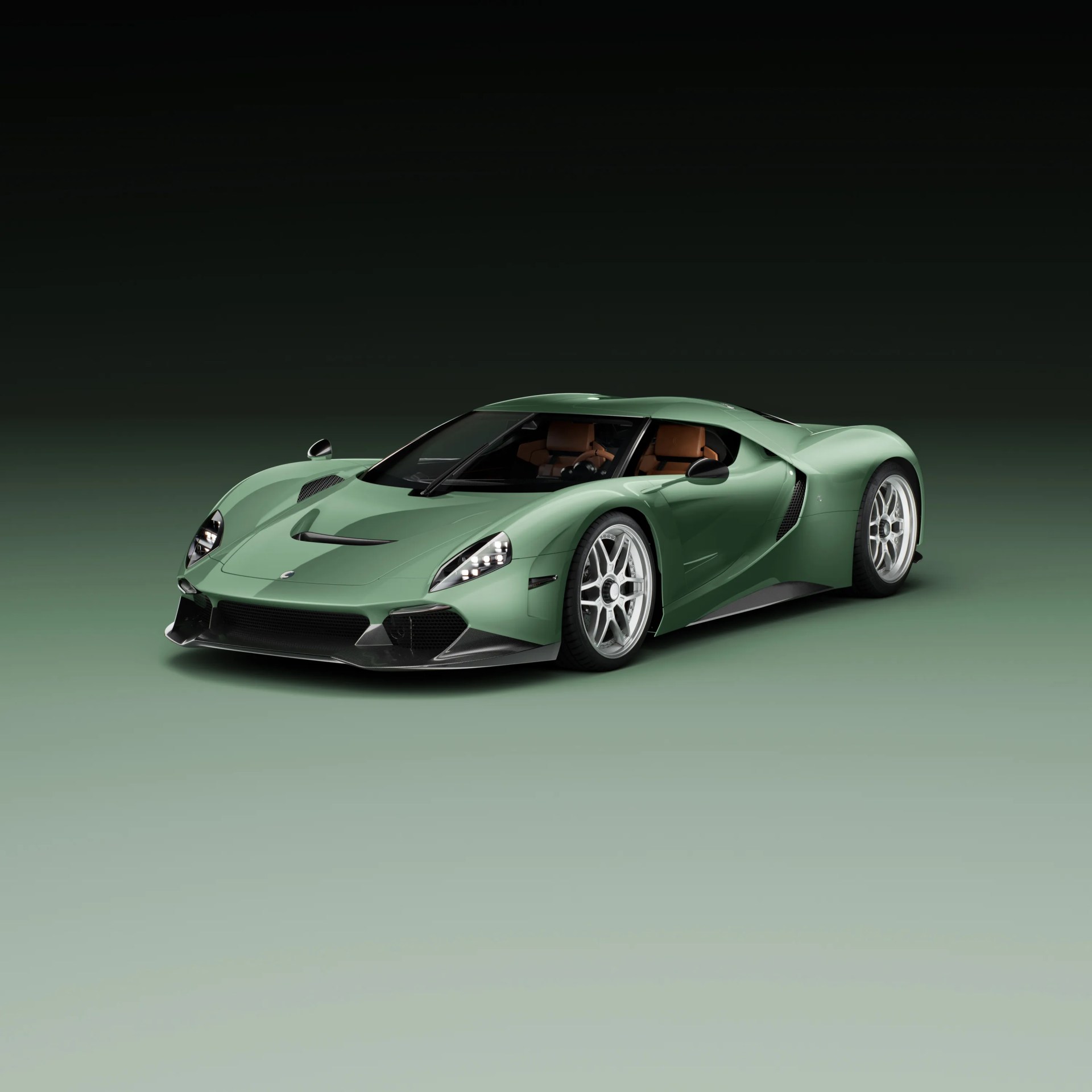 Matte green sports car with silver wheels and brown interior on gradient green background.