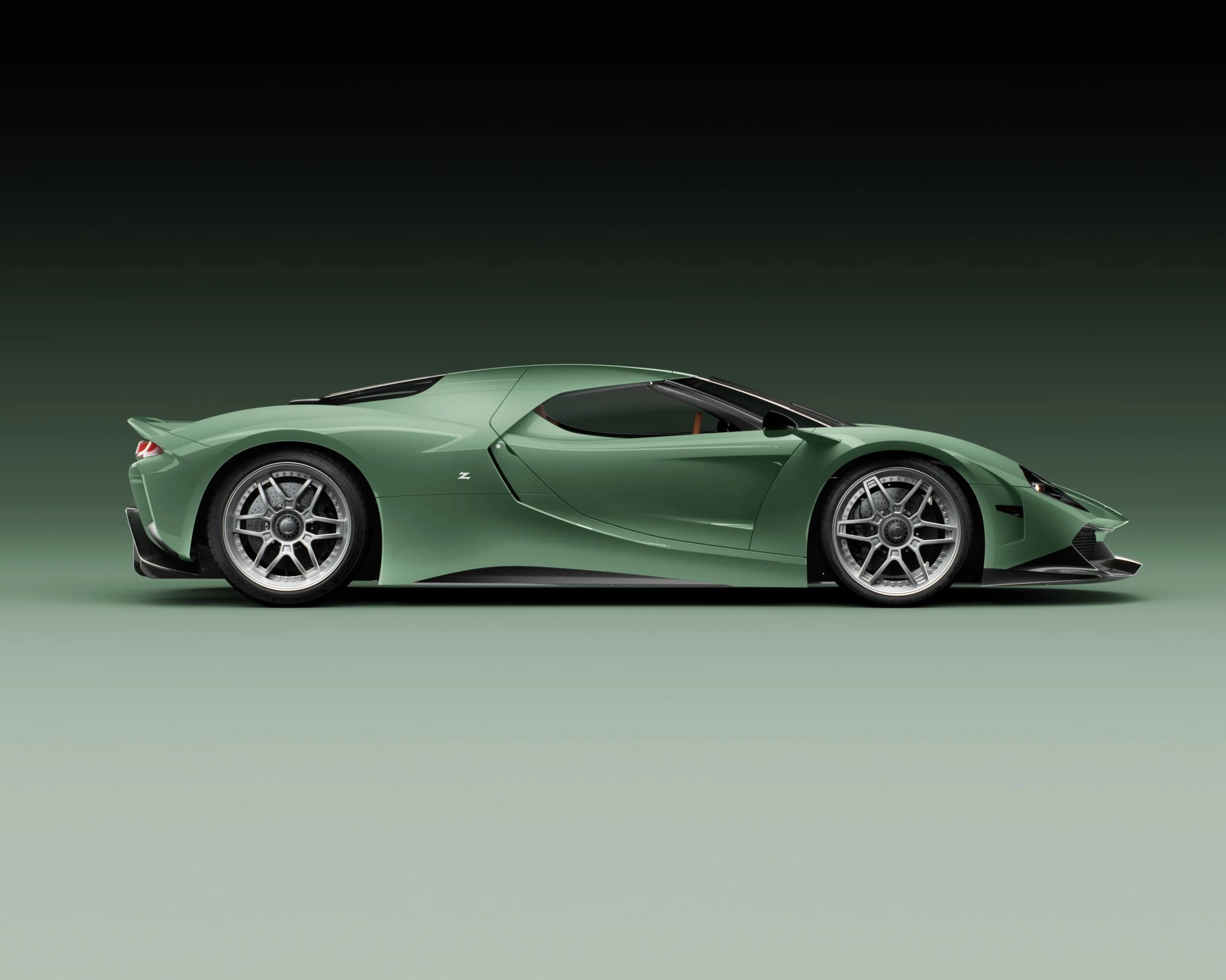 Sleek matte green sports car with silver multi-spoke wheels and aerodynamic black accents on a gradient green background.