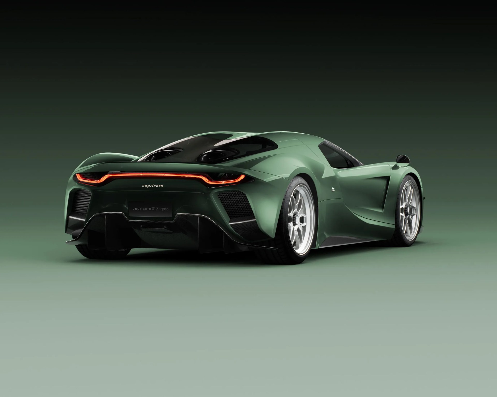 Green Capricorn 01 Zagato sports car rear view with sleek aerodynamic design and silver wheels.