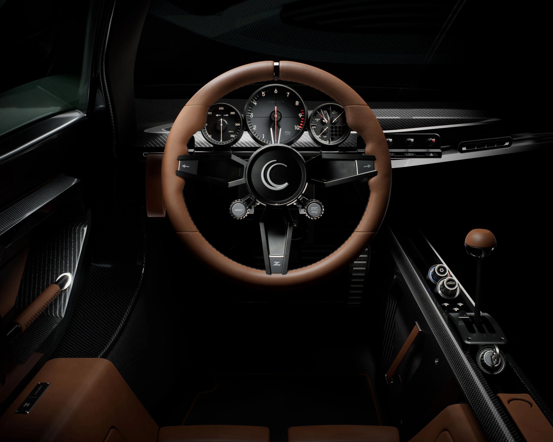 Brown leather-wrapped steering wheel with black center and three gauges on a carbon fiber dashboard.