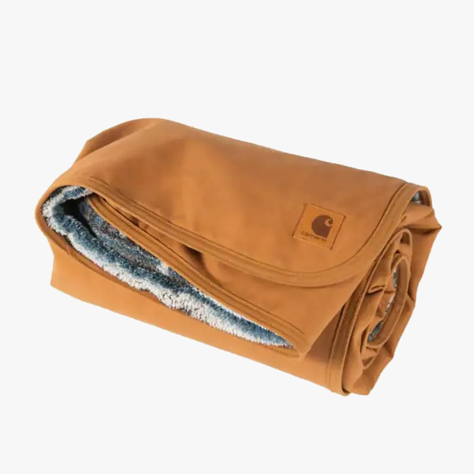 Folded brown Carhartt blanket with soft gray fleece lining visible on one edge.