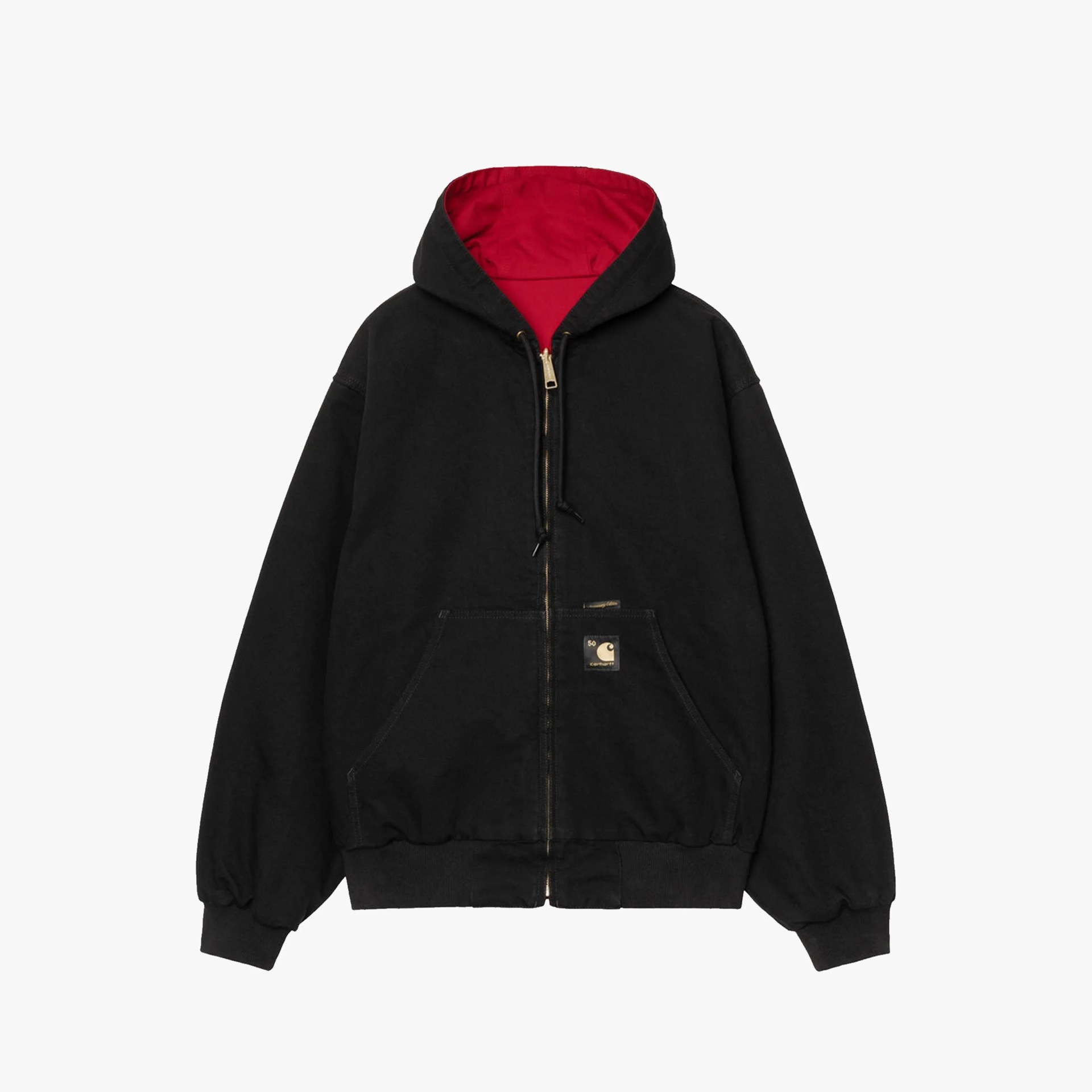 Black zip-up hoodie with red inner hood lining and front pockets, featuring a small Carhartt logo patch.