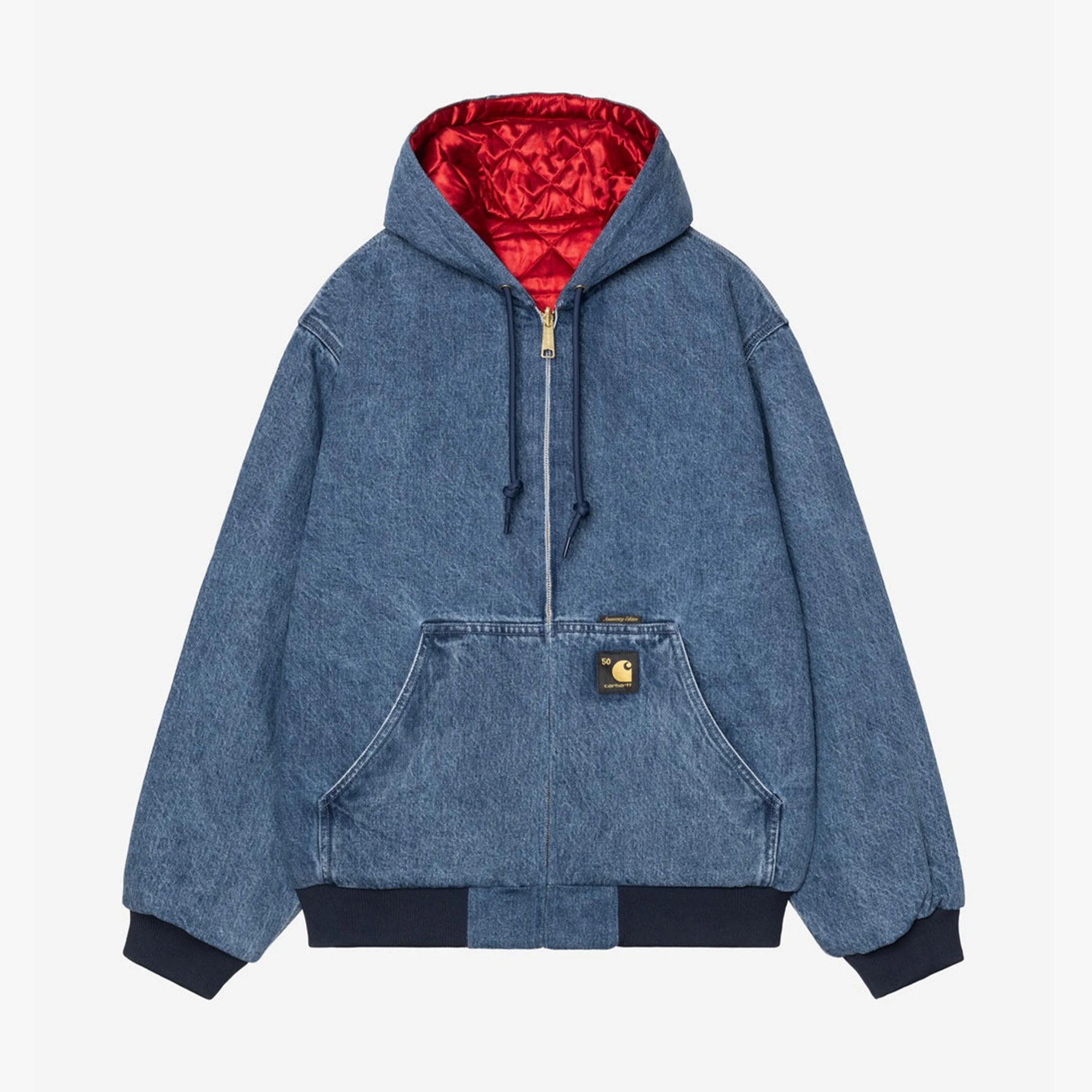 Blue denim zip-up hoodie with red quilted lining and black ribbed cuffs and hem.