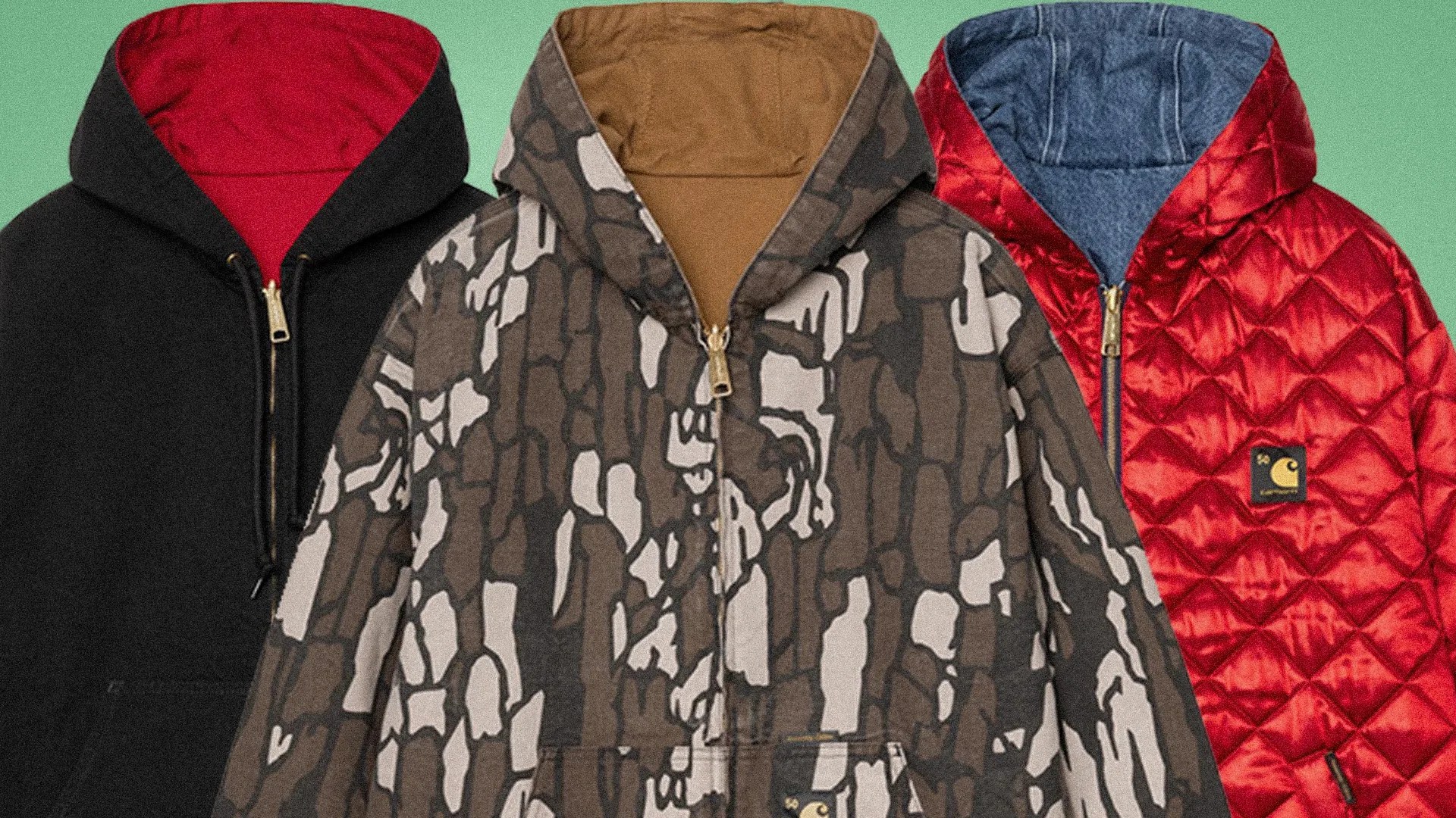 Three hooded jackets: black with red lining, brown and beige camouflage, and red quilted with blue lining and a Carhartt logo patch.