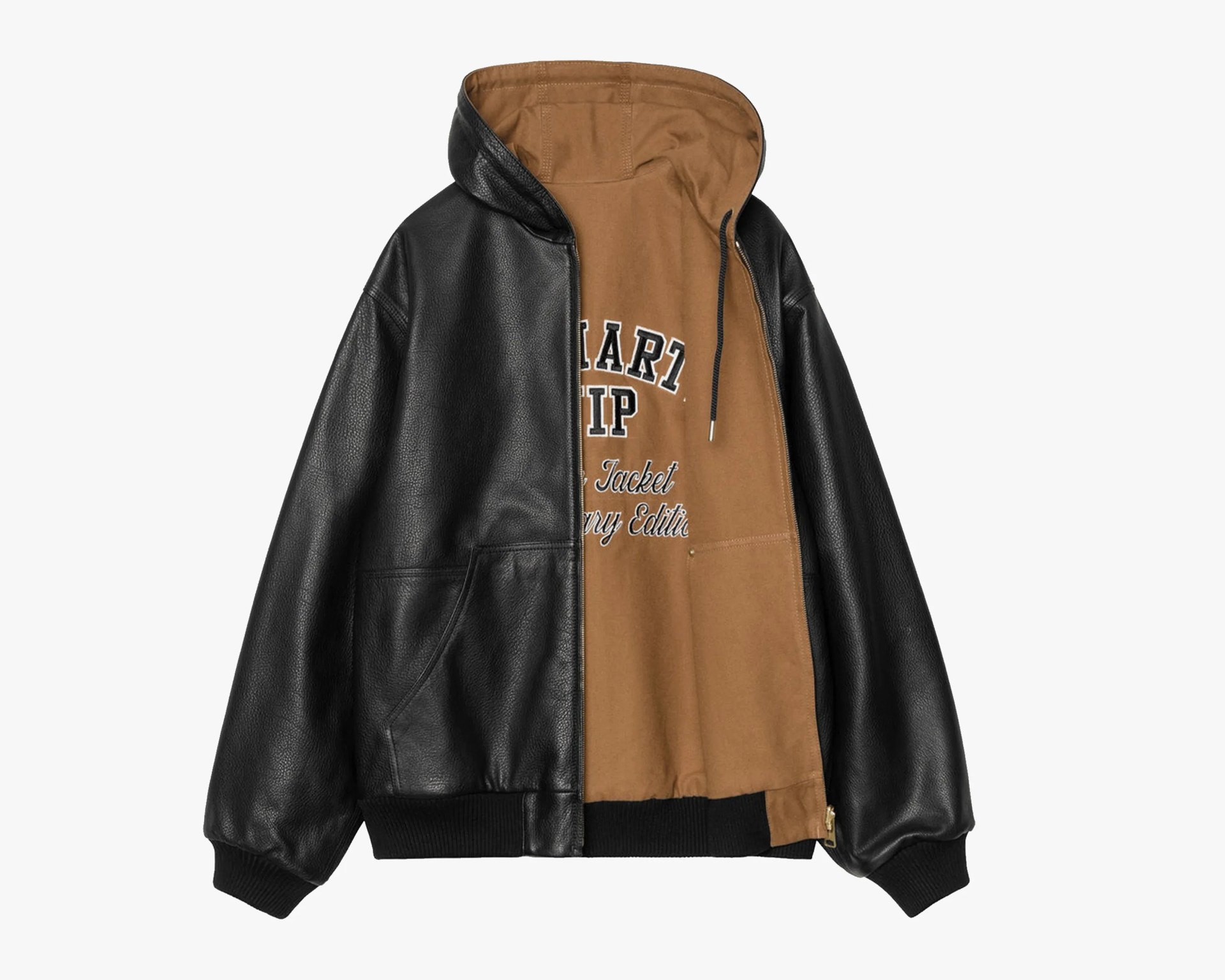 Black leather jacket with ribbed cuffs and hem, partially unzipped to reveal a brown hooded sweatshirt with printed text inside.
