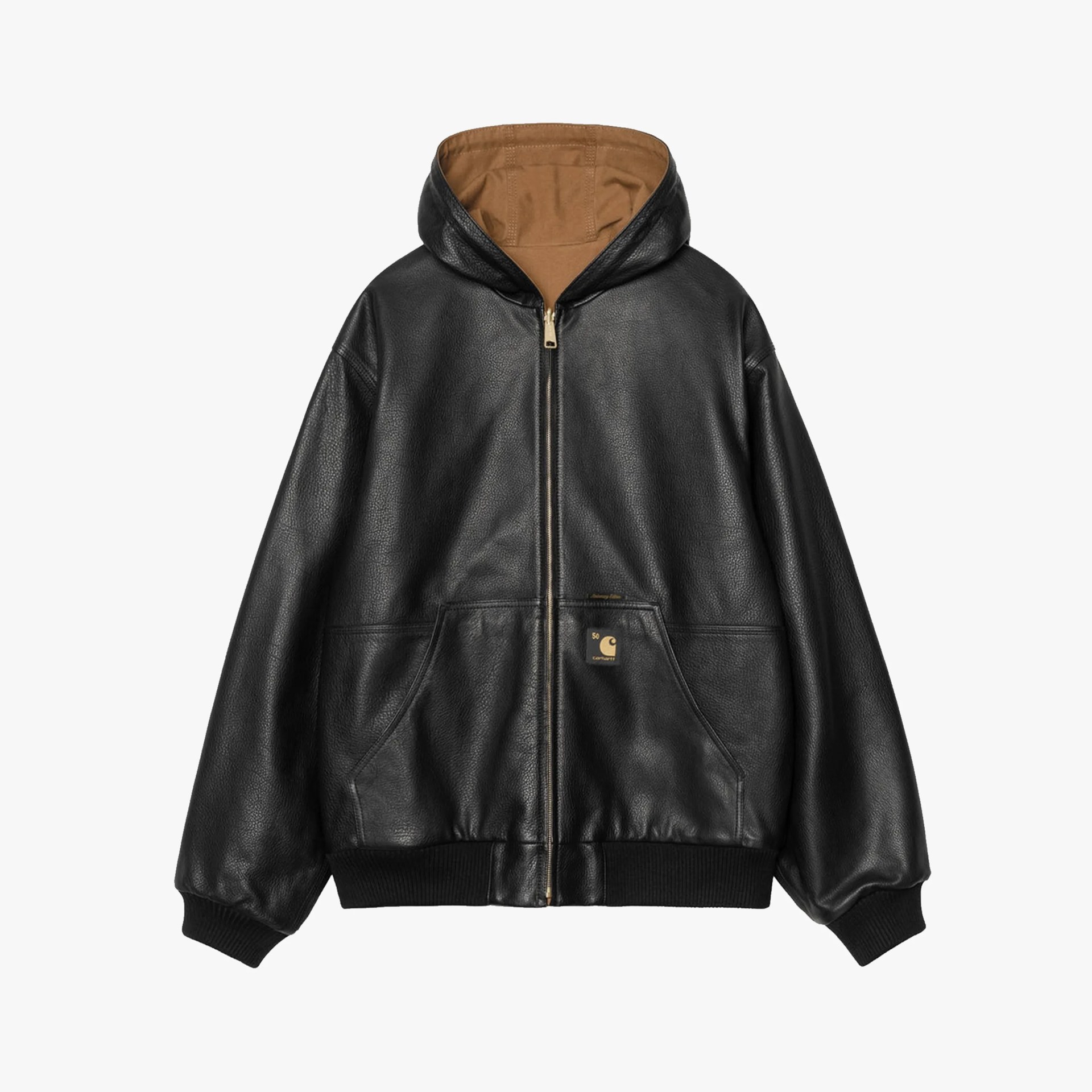 Black leather zip-up hoodie with brown inner lining and front pockets with a Carhartt logo patch.