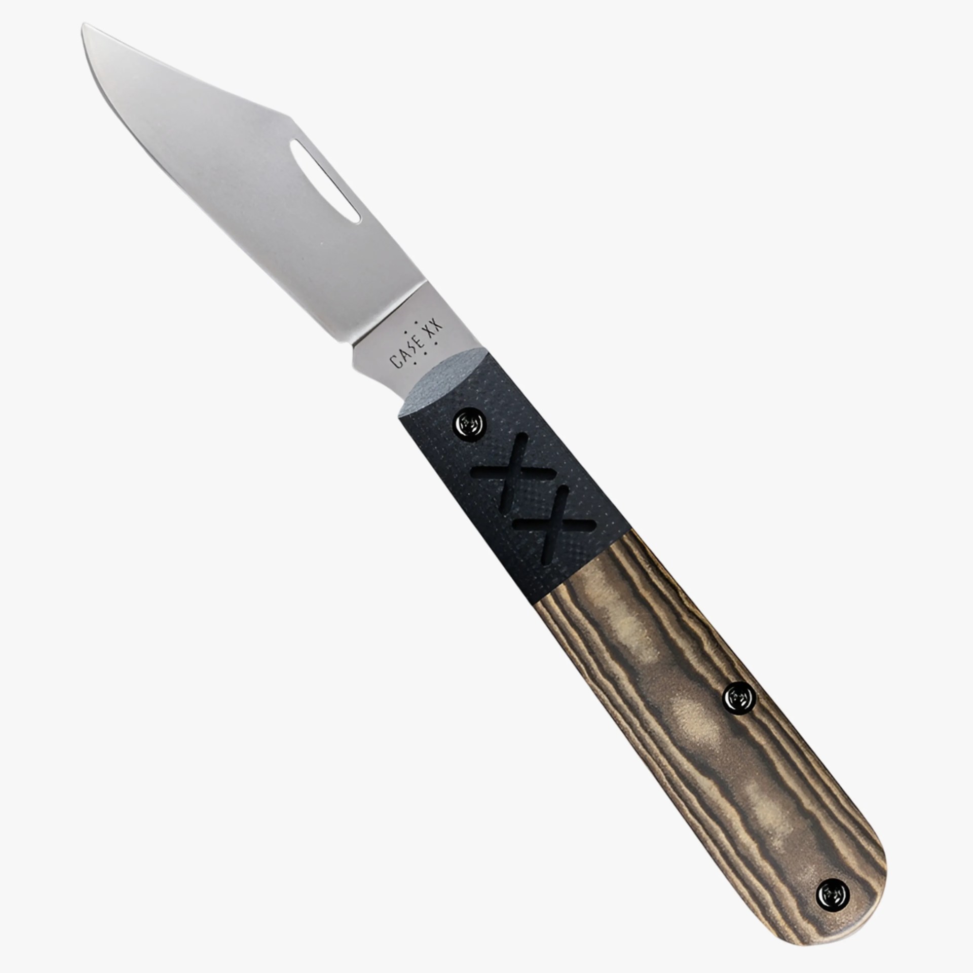 Folding knife with a stainless steel blade and a handle combining black textured material and wood grain finish.