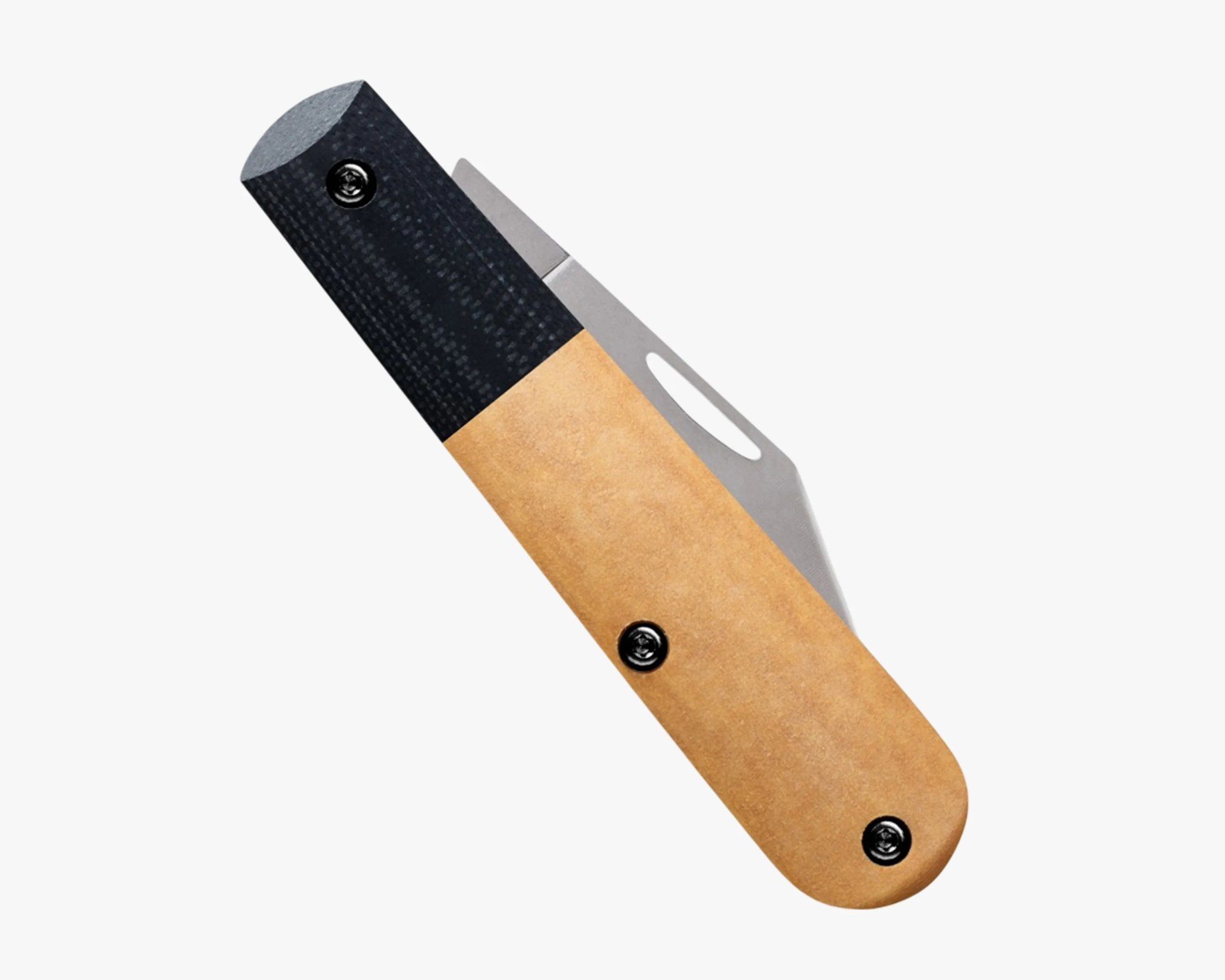 Folding knife with a two-tone handle in black and tan and a partially visible stainless steel blade.