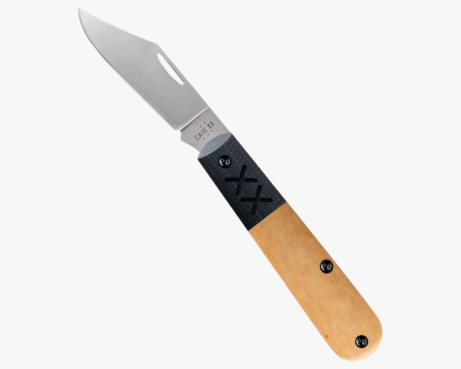 Folding pocket knife with a stainless steel blade and a handle combining black textured and light wood sections.