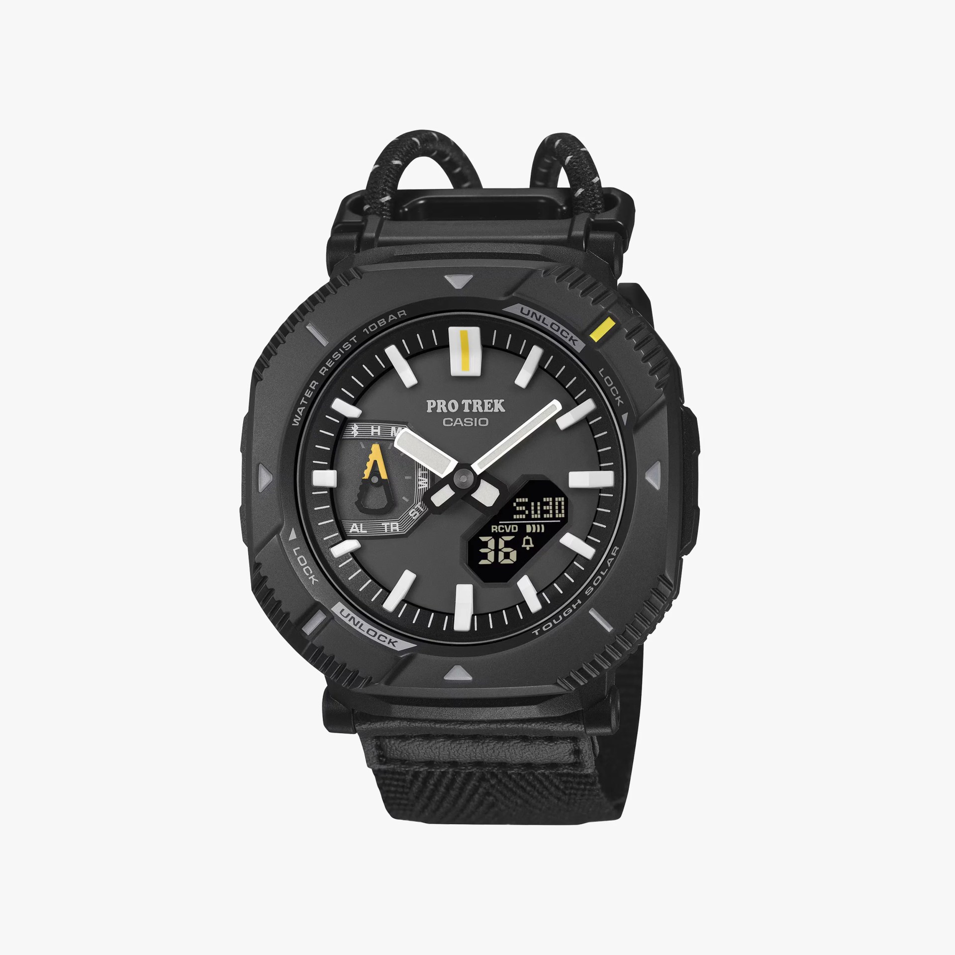 Black Casio Pro Trek analog-digital watch with white markers and a black fabric strap.