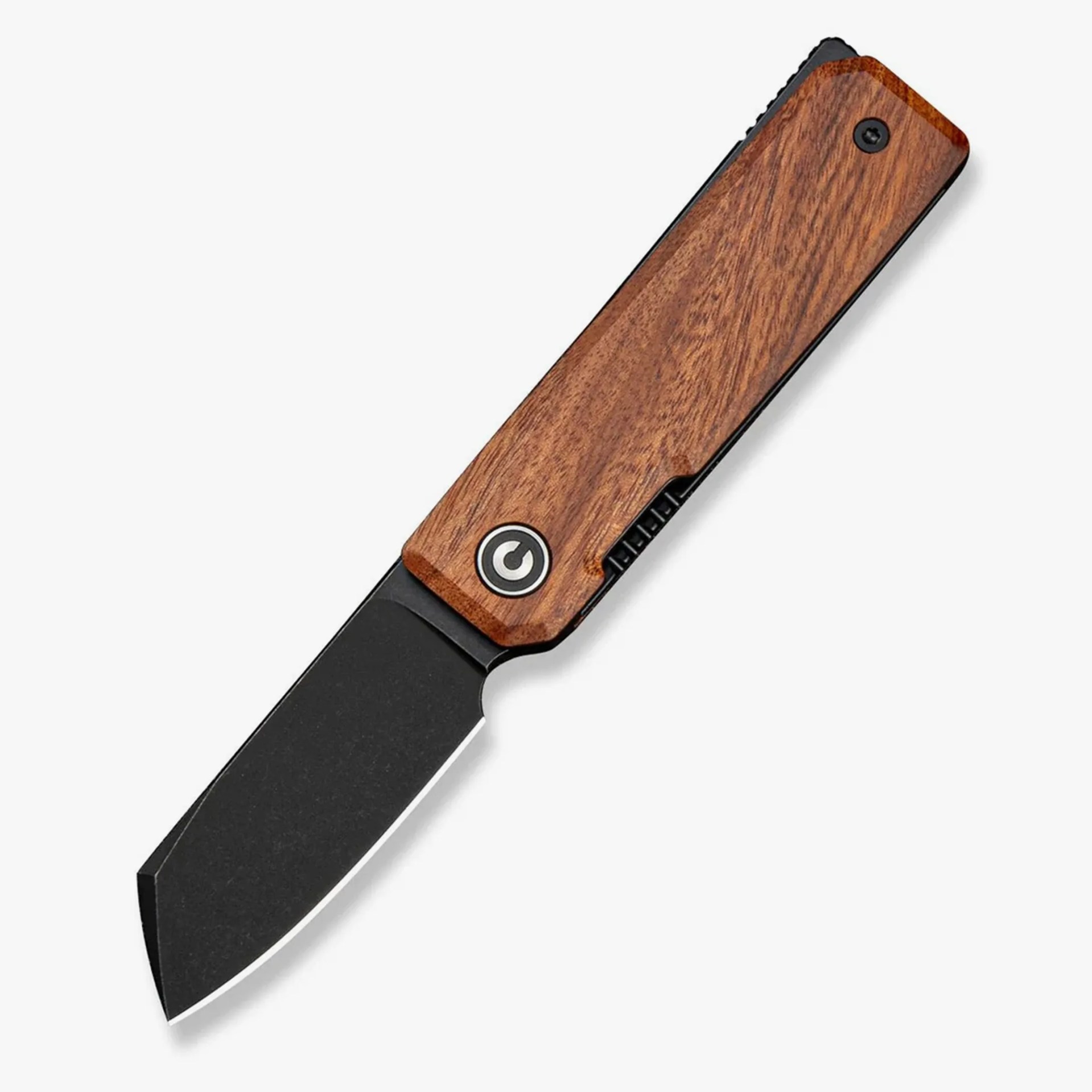 Folding knife with a black tanto blade and a wooden handle featuring a circular logo.