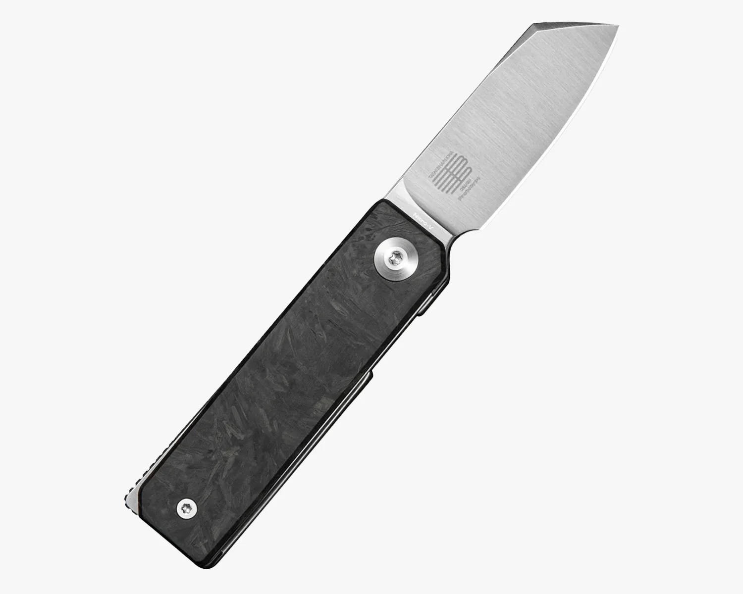 Folding knife with a rectangular black textured handle and a wide, straight-edged stainless steel blade.