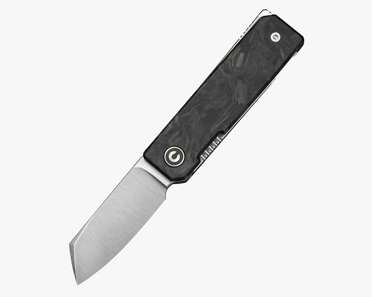 Folding knife with a brushed steel blade and a black textured handle featuring a circular logo.