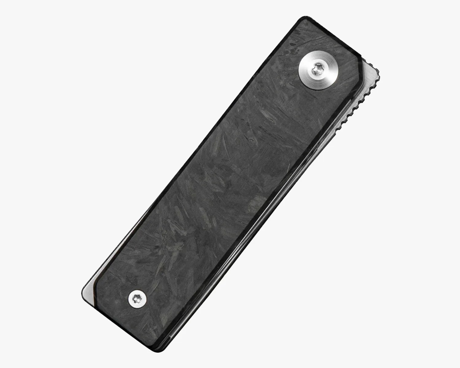 Closed black folding knife with textured handle and visible screws on a white background.