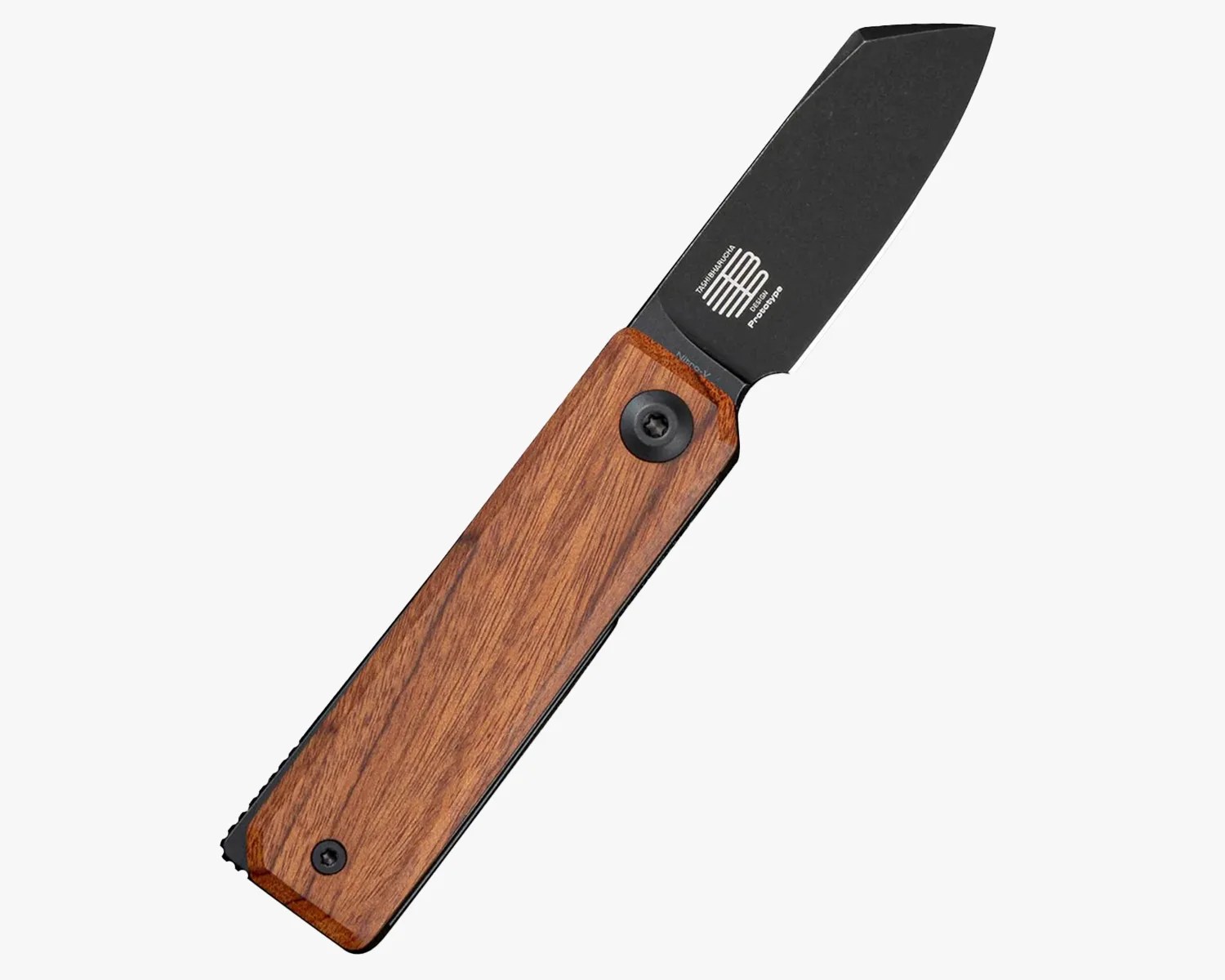 Folding knife with a black blade and a wooden handle featuring two black screws.