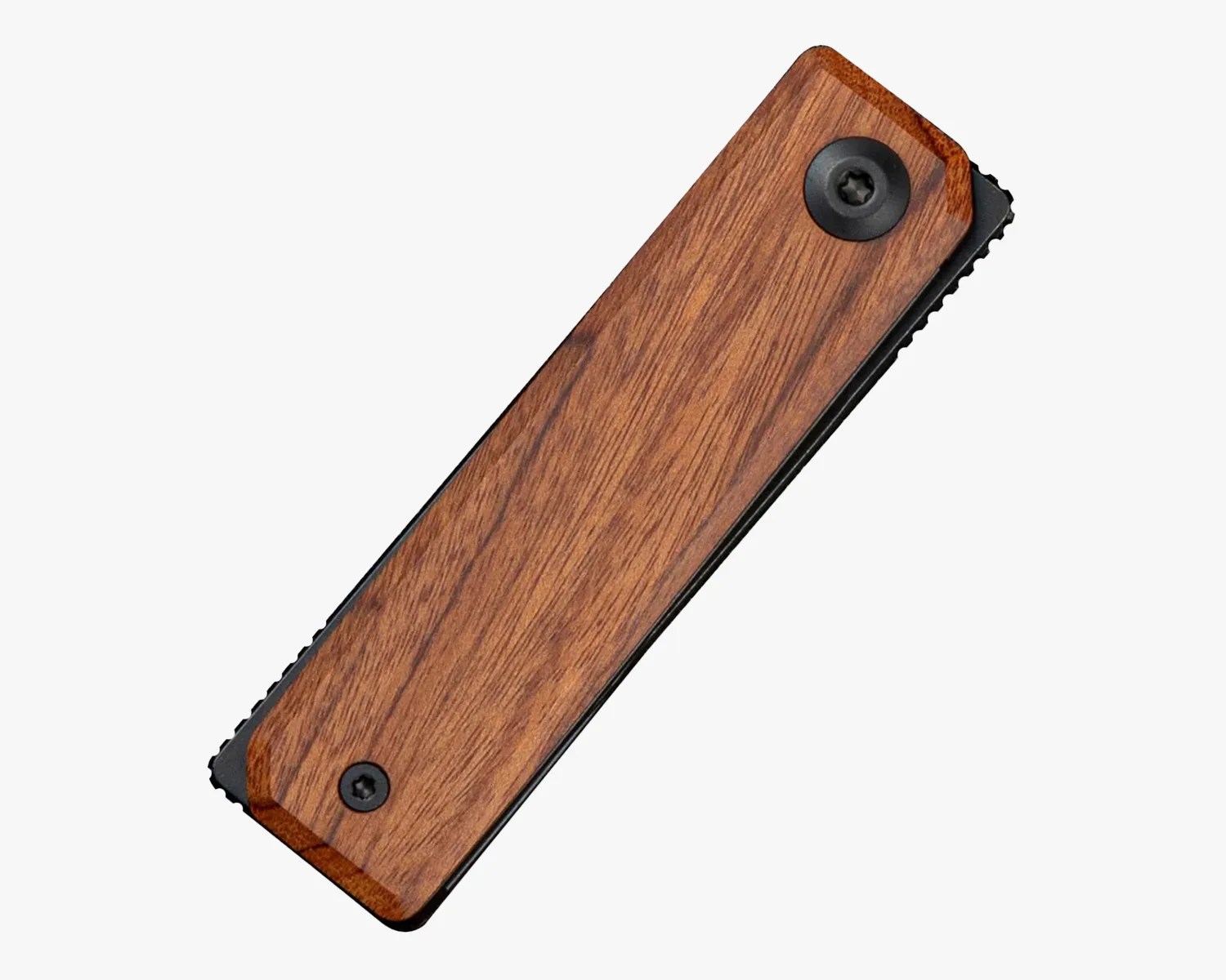 Rectangular folding knife with a wooden handle and black screws on a white background.