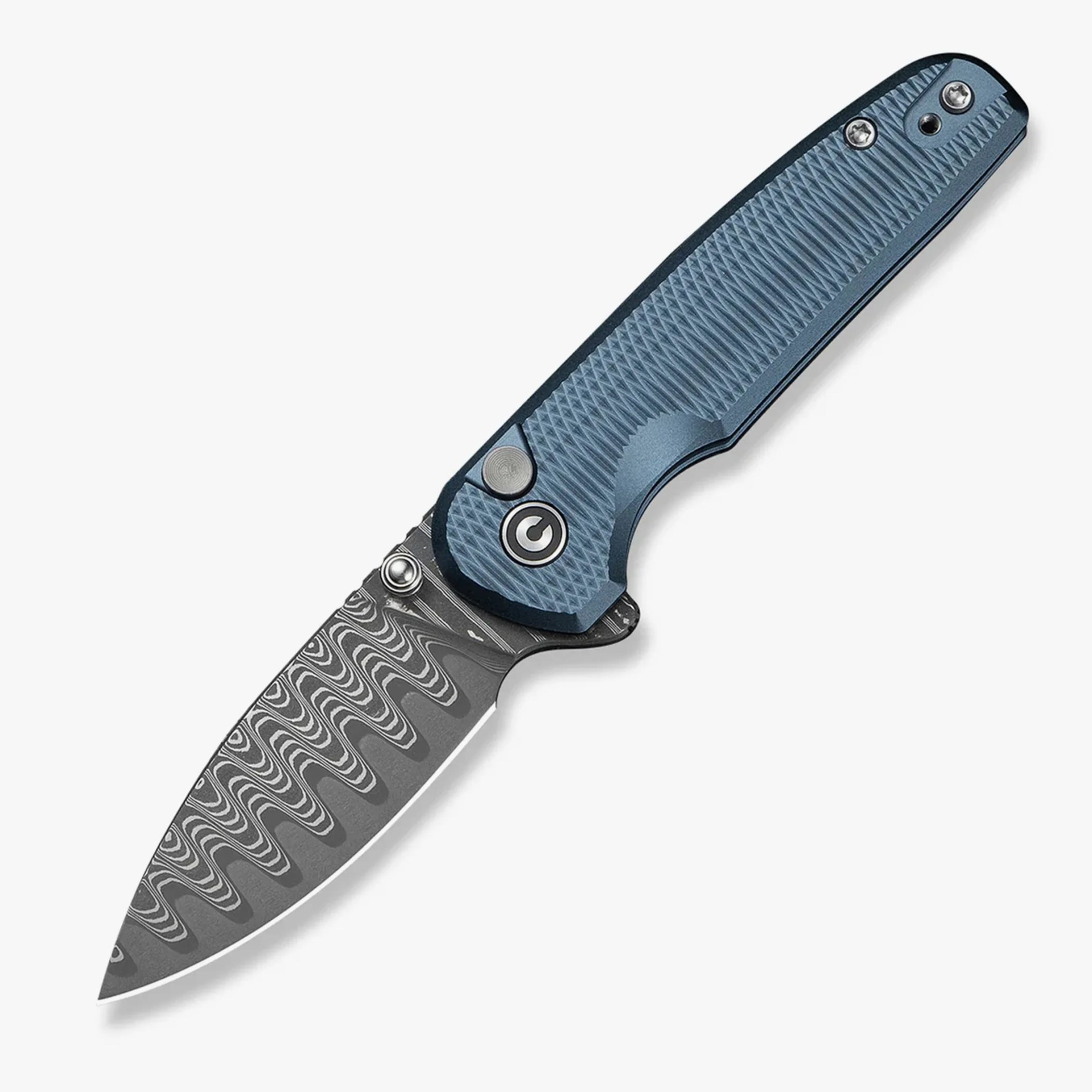 Folding knife with a patterned Damascus steel blade and textured blue handle.