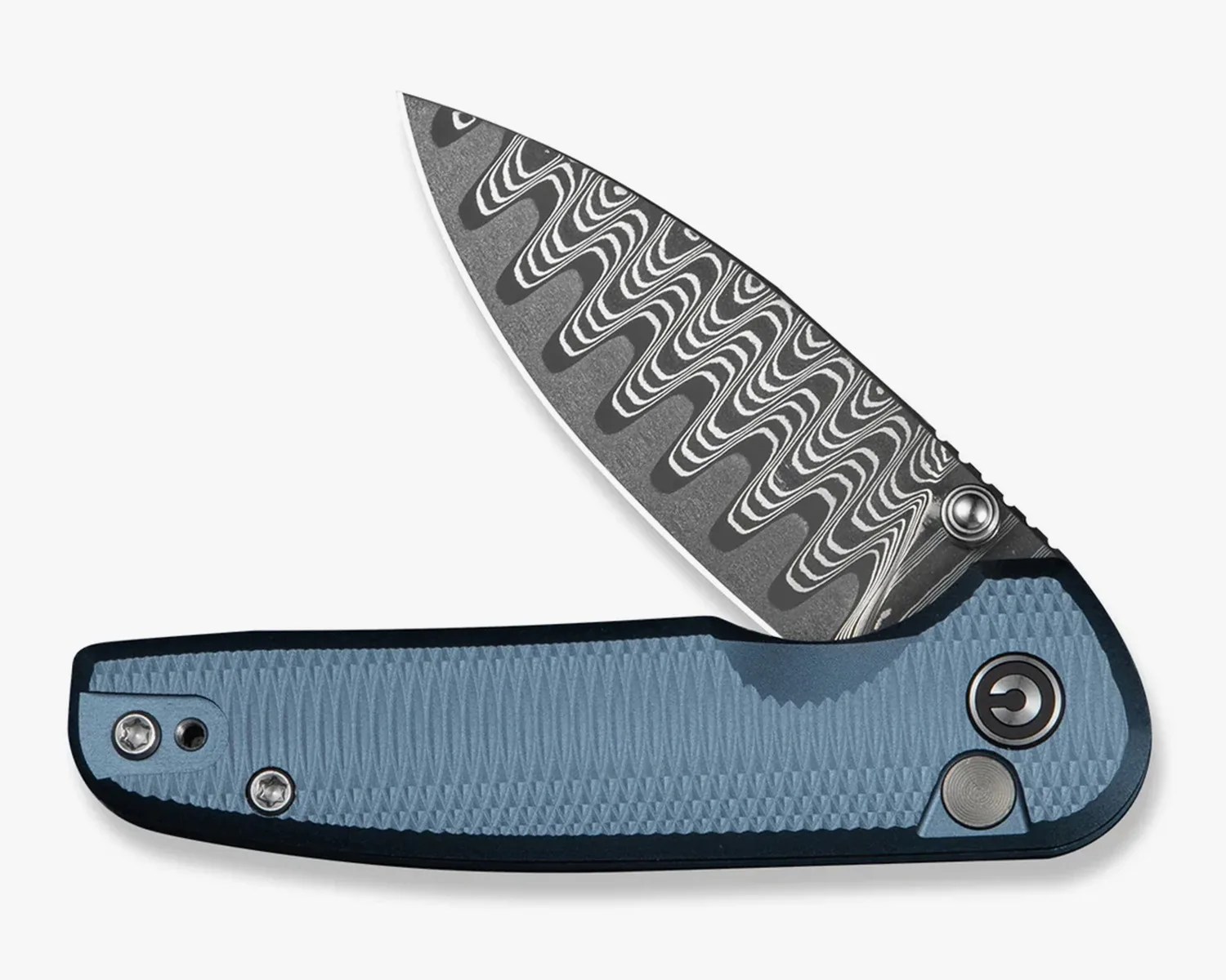 Folding knife with a blue textured handle and a partially open patterned Damascus steel blade.