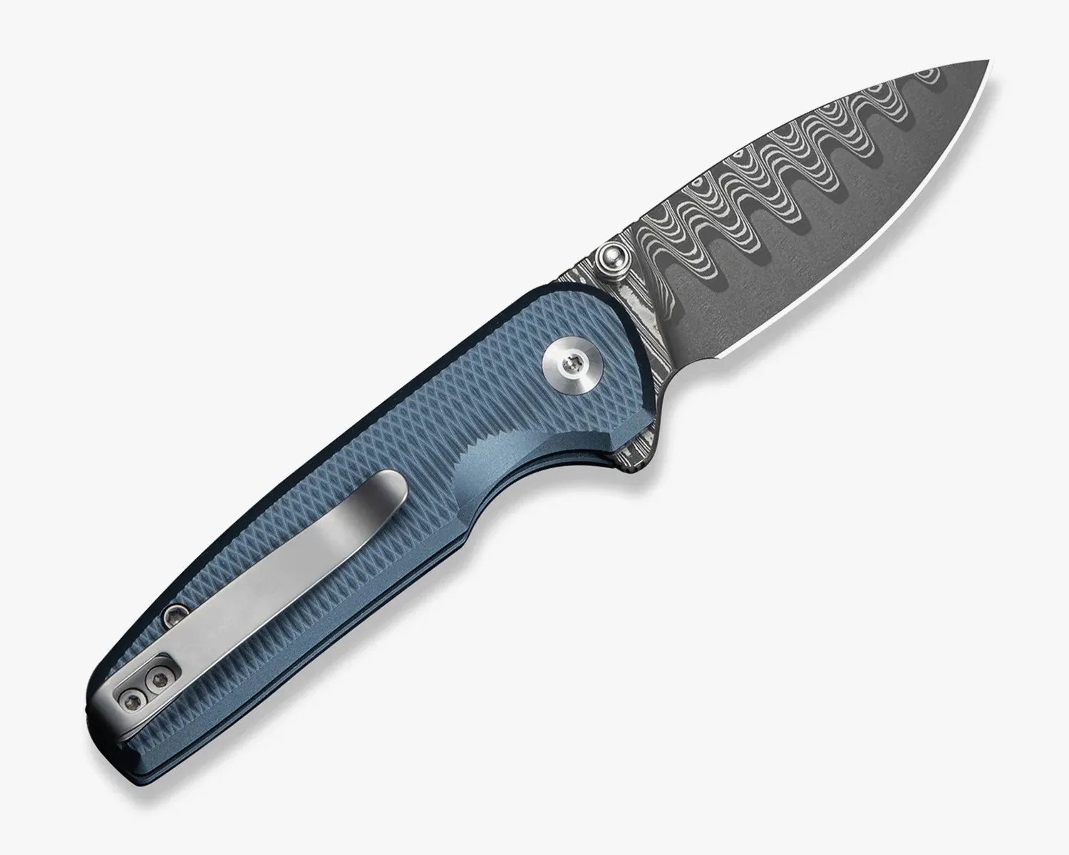 Folding knife with a patterned Damascus steel blade and textured blue handle with a metal pocket clip.
