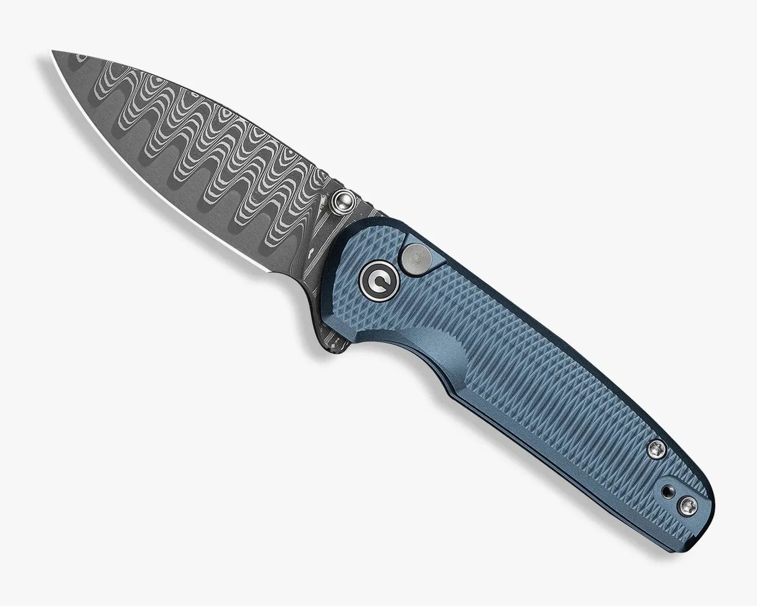 Folding knife with a patterned Damascus steel blade and textured blue handle with a circular logo.