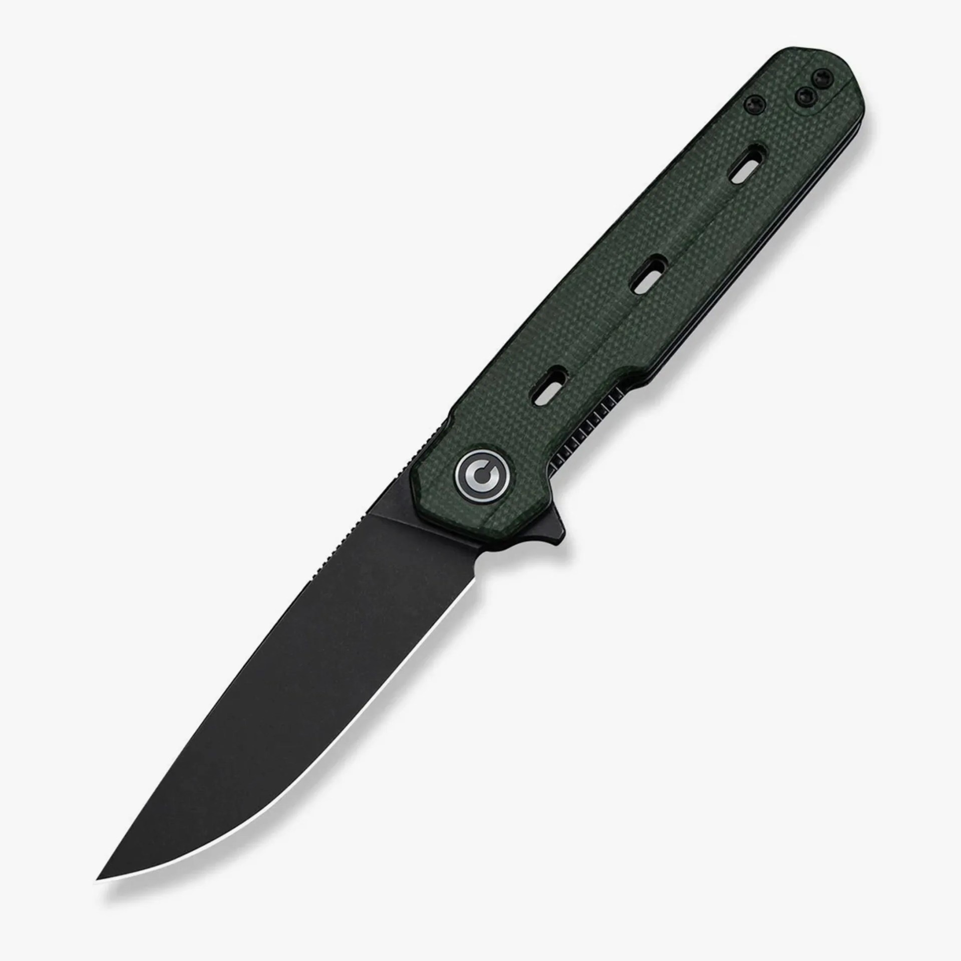 Folding knife with black blade and textured dark green handle featuring three cut-out slots.