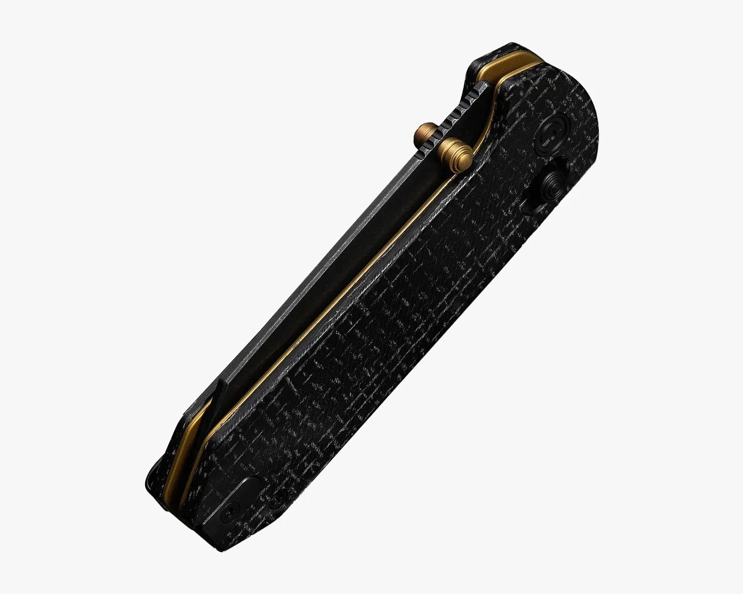 Black textured folding knife with gold accents and a ridged thumb stud on a white background.