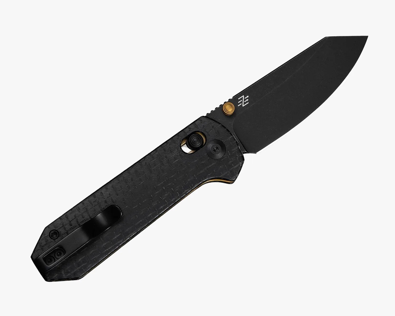 Black folding knife with textured handle, gold thumb stud, and clip on a white background.