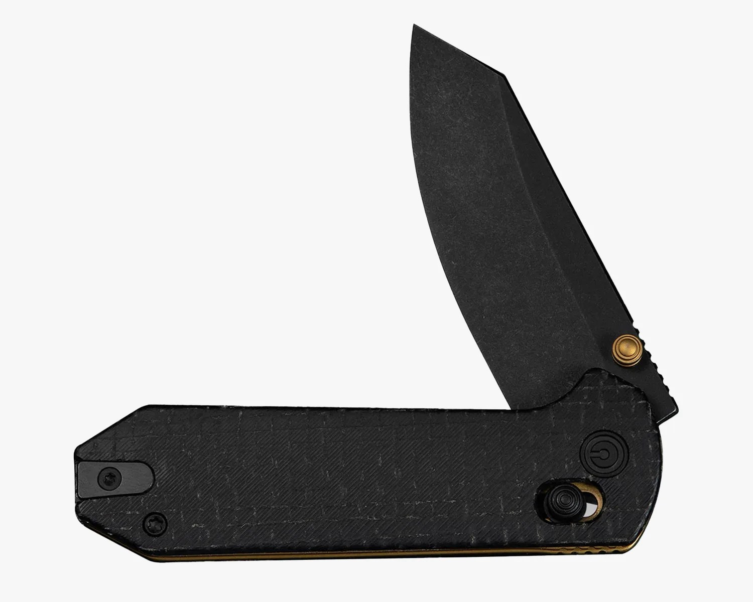 Black folding knife with textured handle and partially open black blade against a white background.
