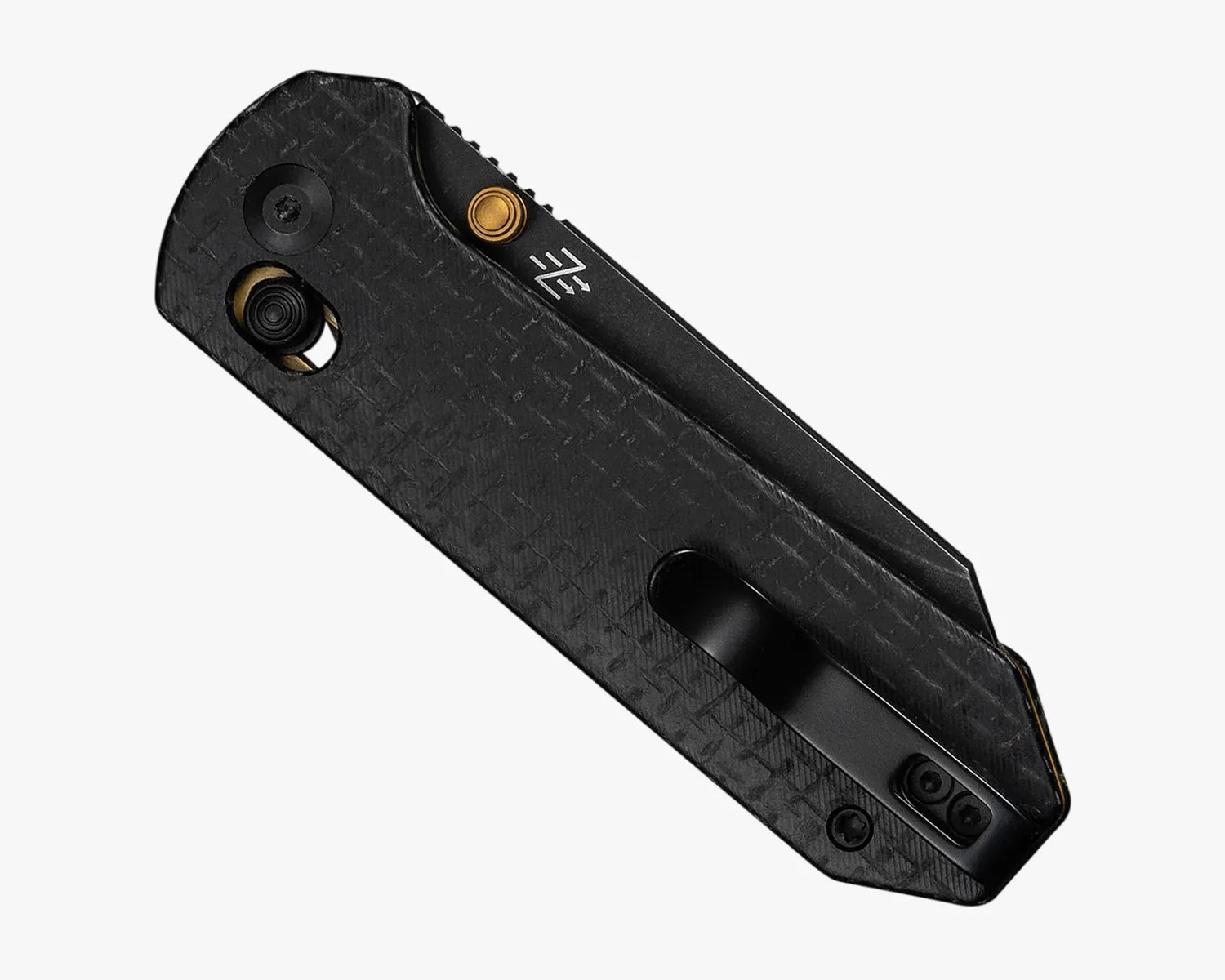 Black textured folding knife with a black pocket clip and gold pivot accents.