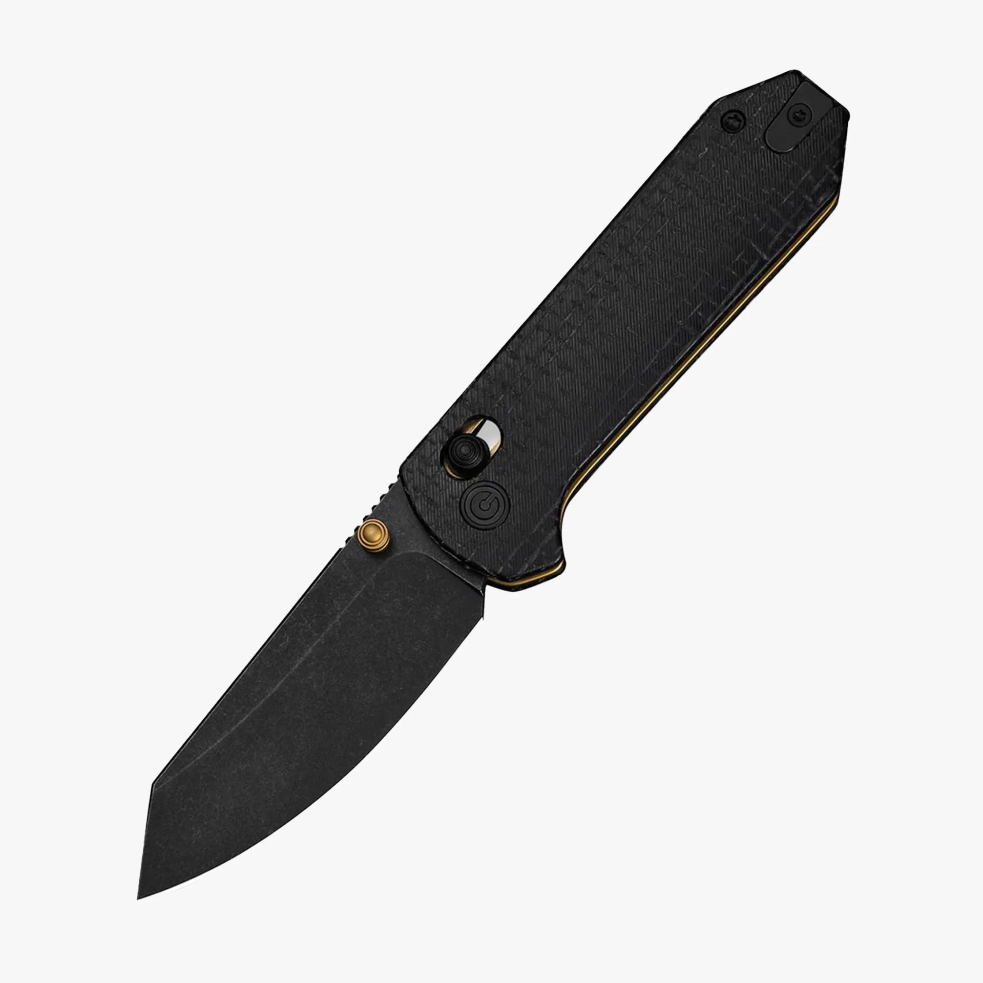 Black folding knife with textured handle and stonewashed blade, featuring brass accents and a thumb stud.