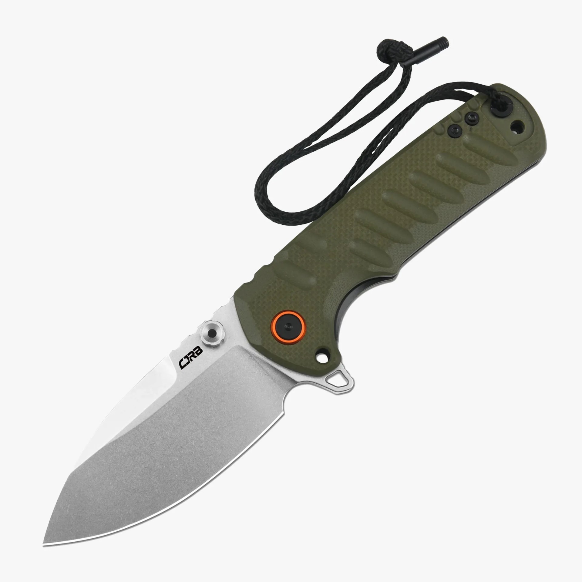 Folding knife with a stonewashed blade, olive green textured handle, and black lanyard attached.
