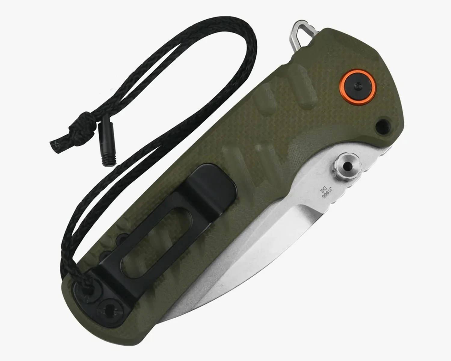 Folded folding knife with an olive green textured handle, black clip, and partially visible silver blade with a black lanyard attached.