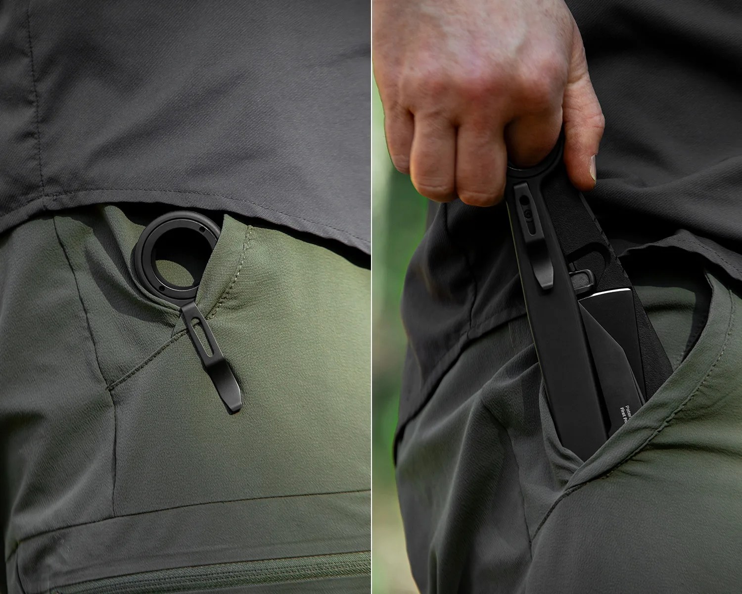 Black folding knife partially tucked into the front pocket of olive-green pants, shown closed and being pulled out.