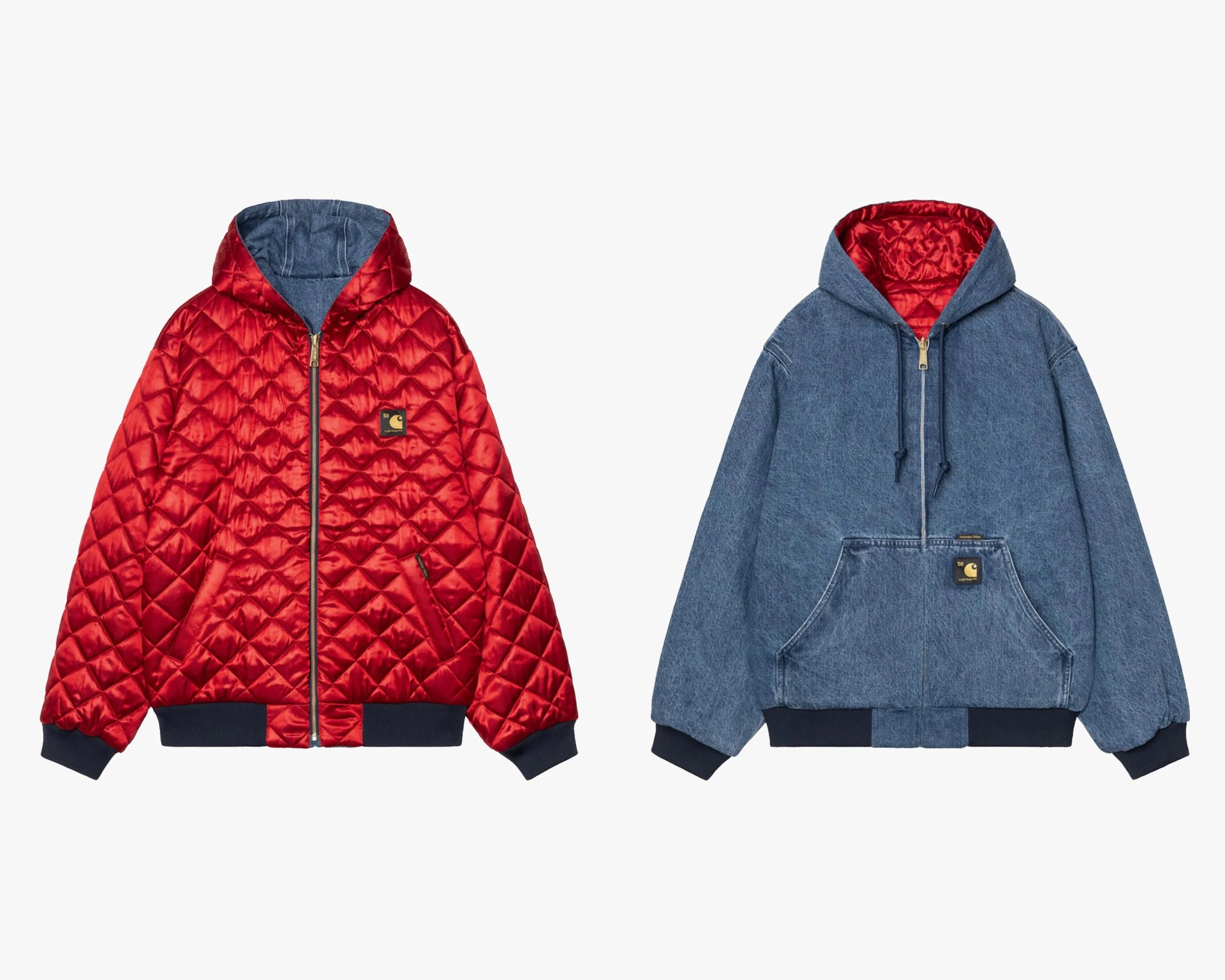 Reversible hooded jacket with one side red quilted satin and the other side blue denim, both with black ribbed cuffs and hem.