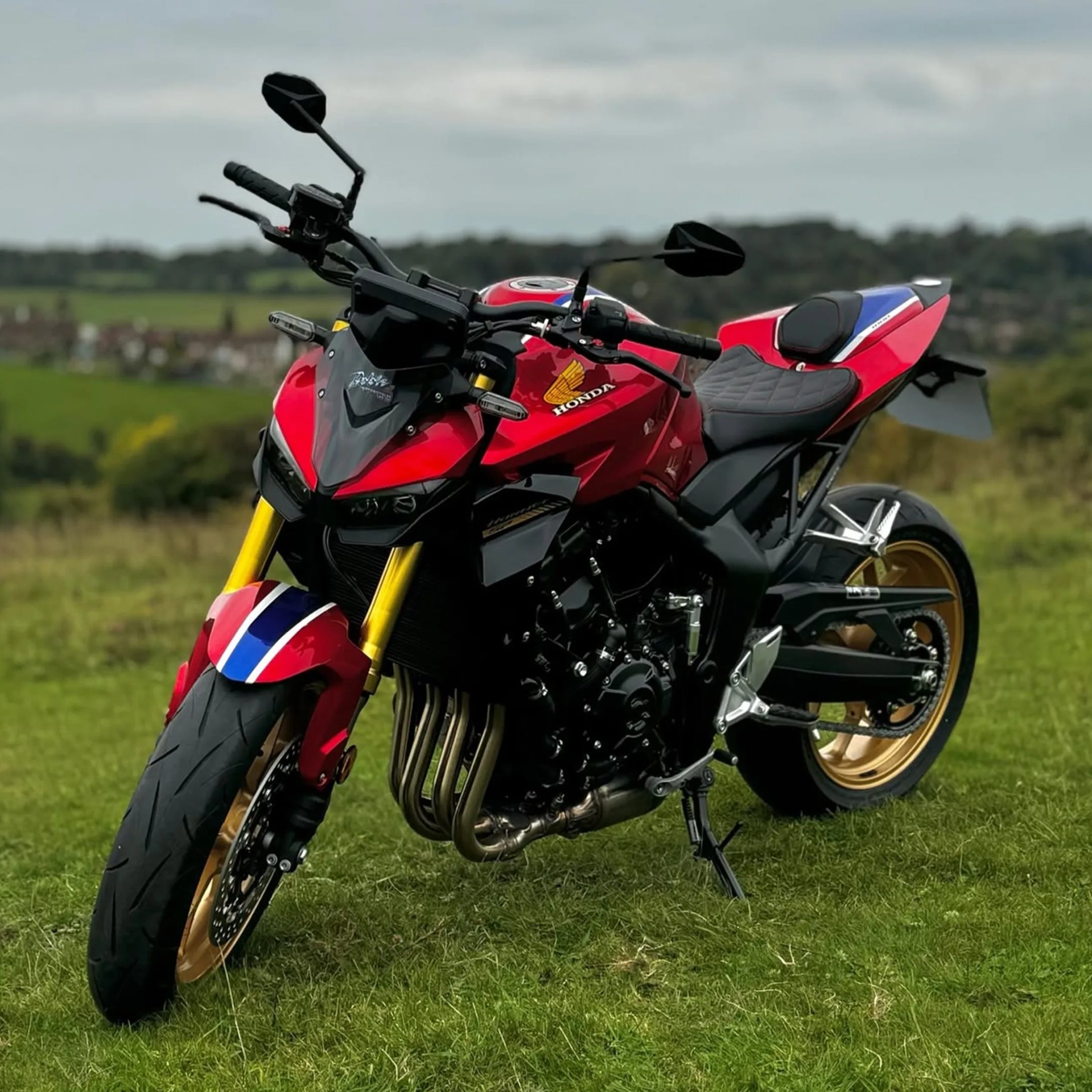 Red Honda motorcycle with gold wheels and blue-white-red front fender parked on grass.