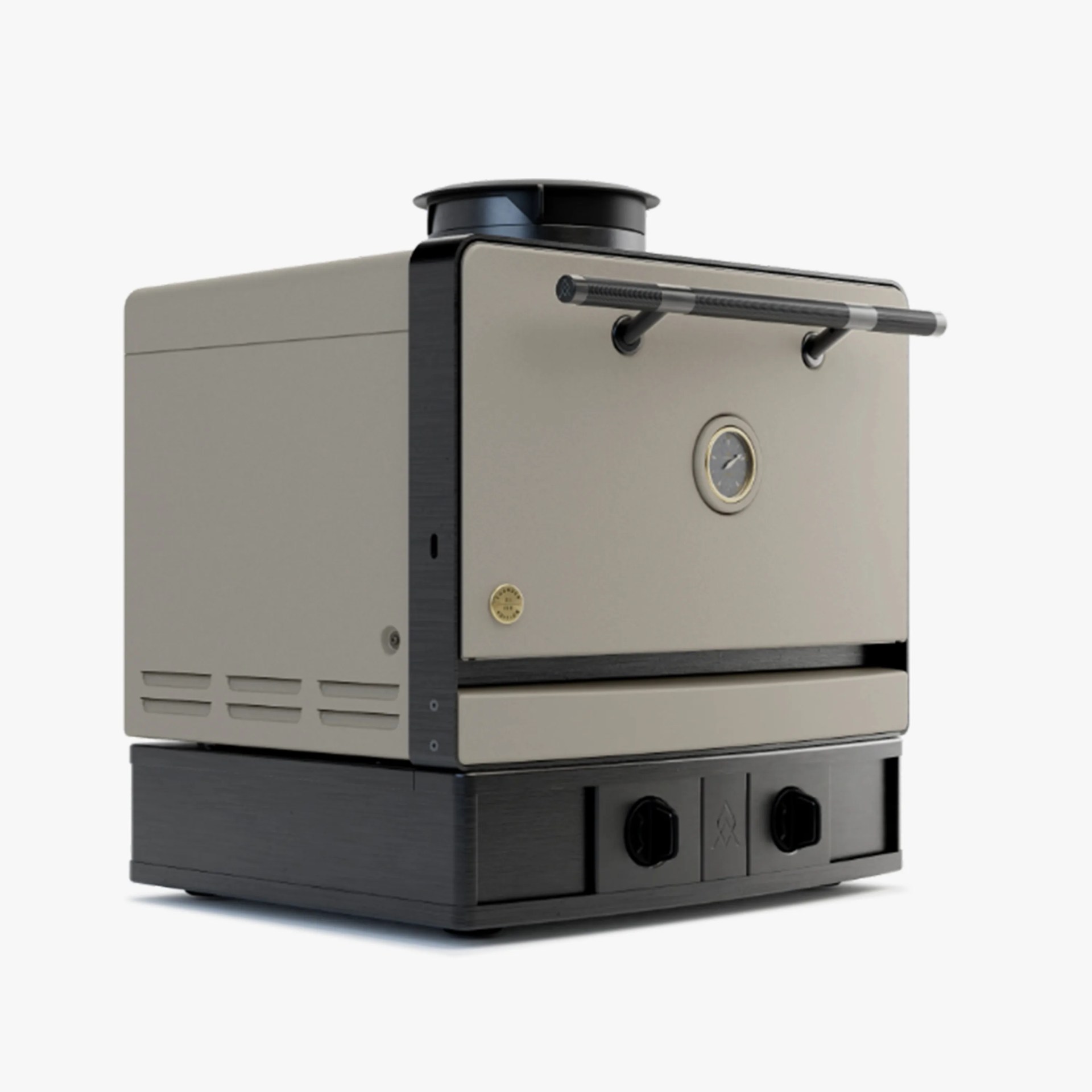 Compact beige and black wood-burning stove with a front door, temperature gauge, and control knobs.