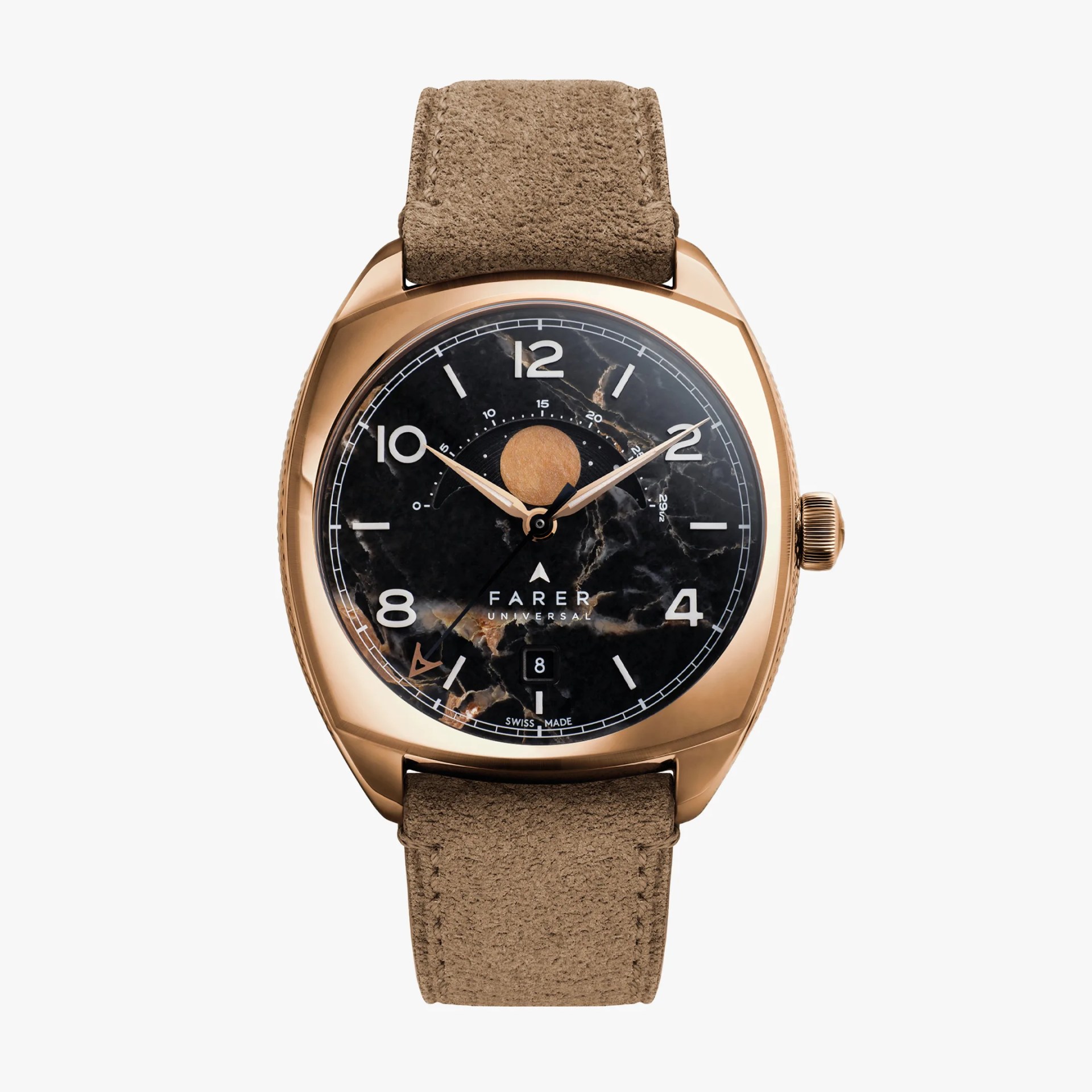 Rose gold cushion watch with black marbled dial, beige suede strap, and date window at 6 o'clock.
