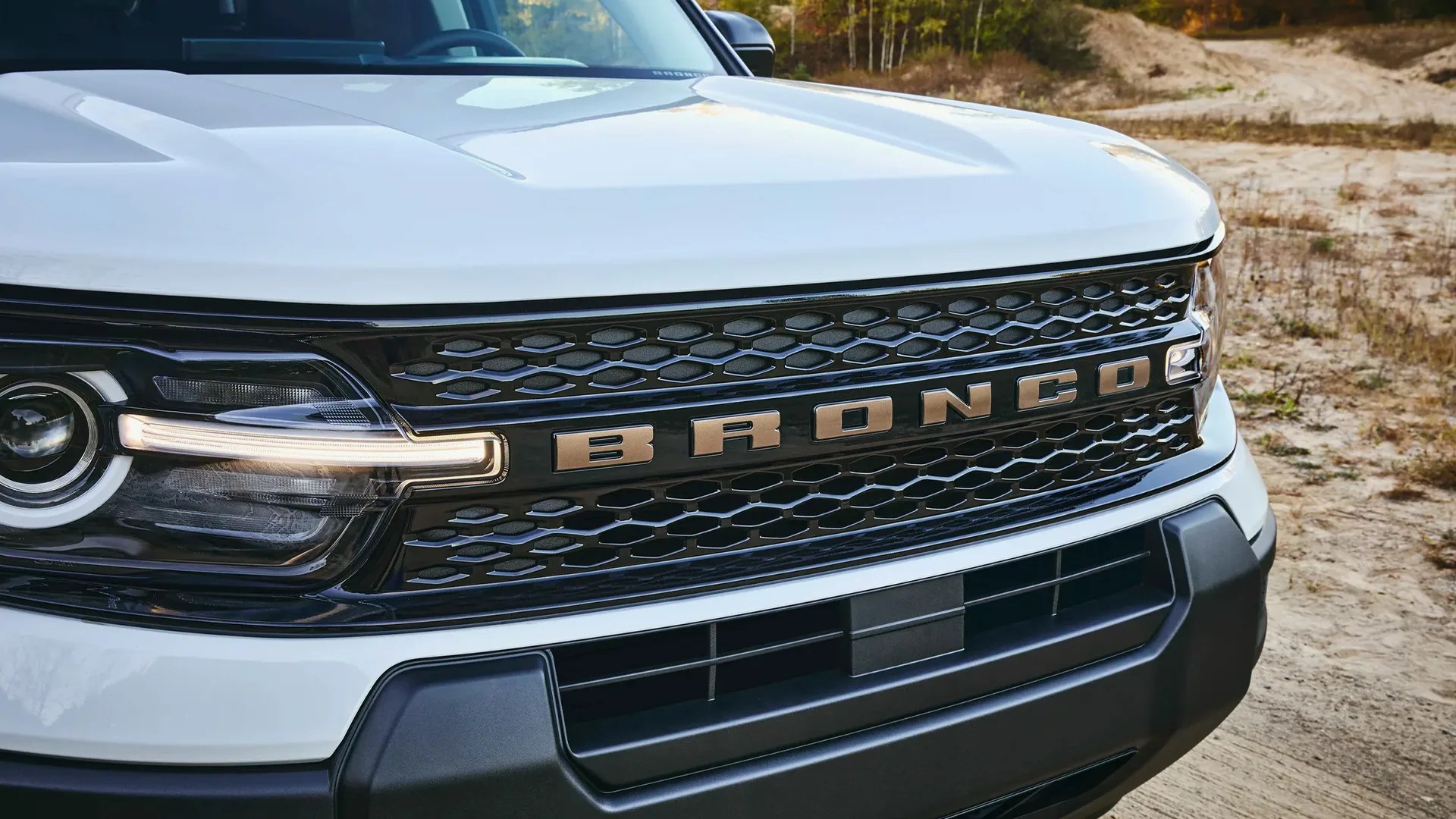 Front grille of a white Ford Bronco with black honeycomb pattern and illuminated headlight on a dirt road.