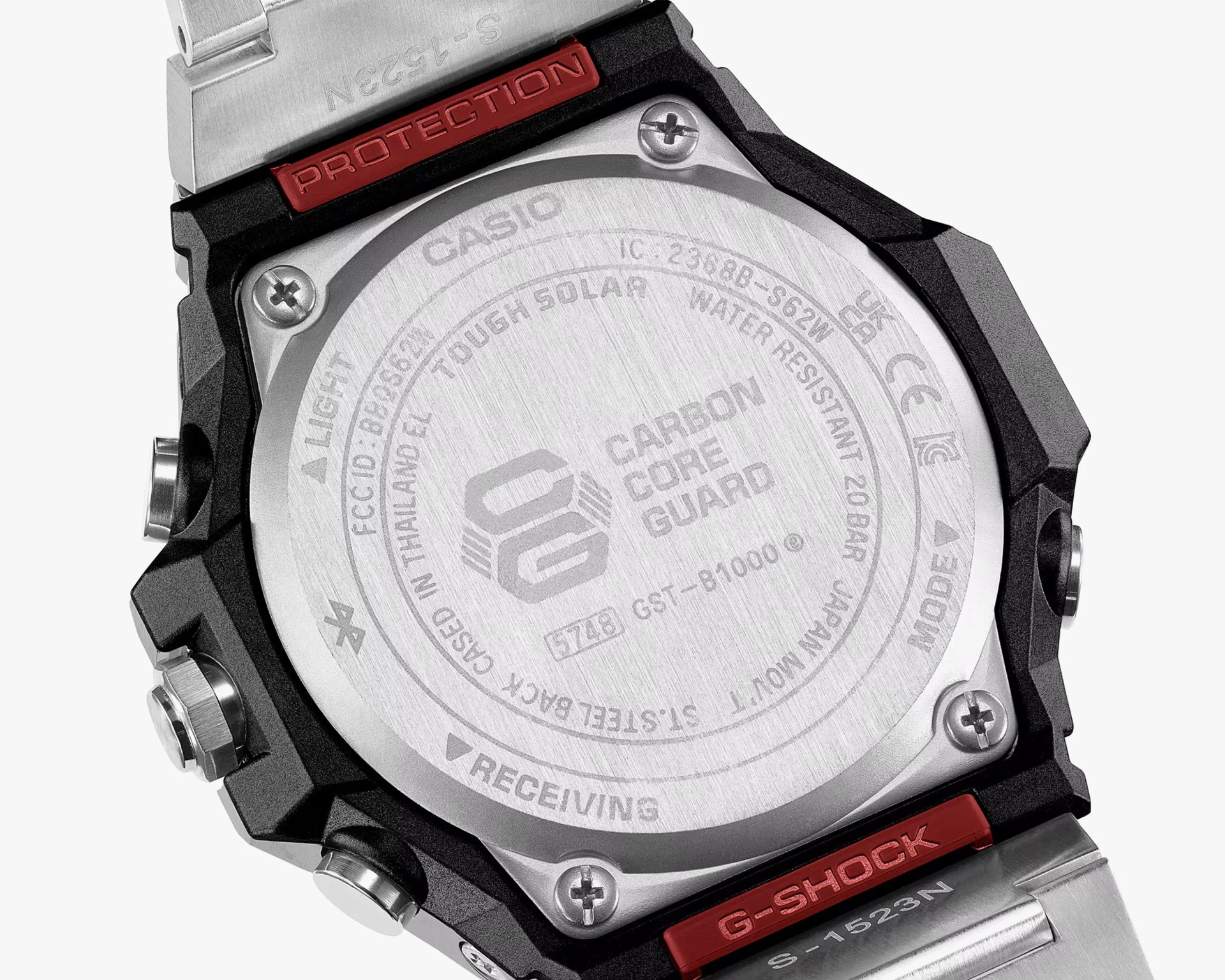 Back of a Casio G-Shock Carbon Core Guard watch with stainless steel case back and black resin frame.