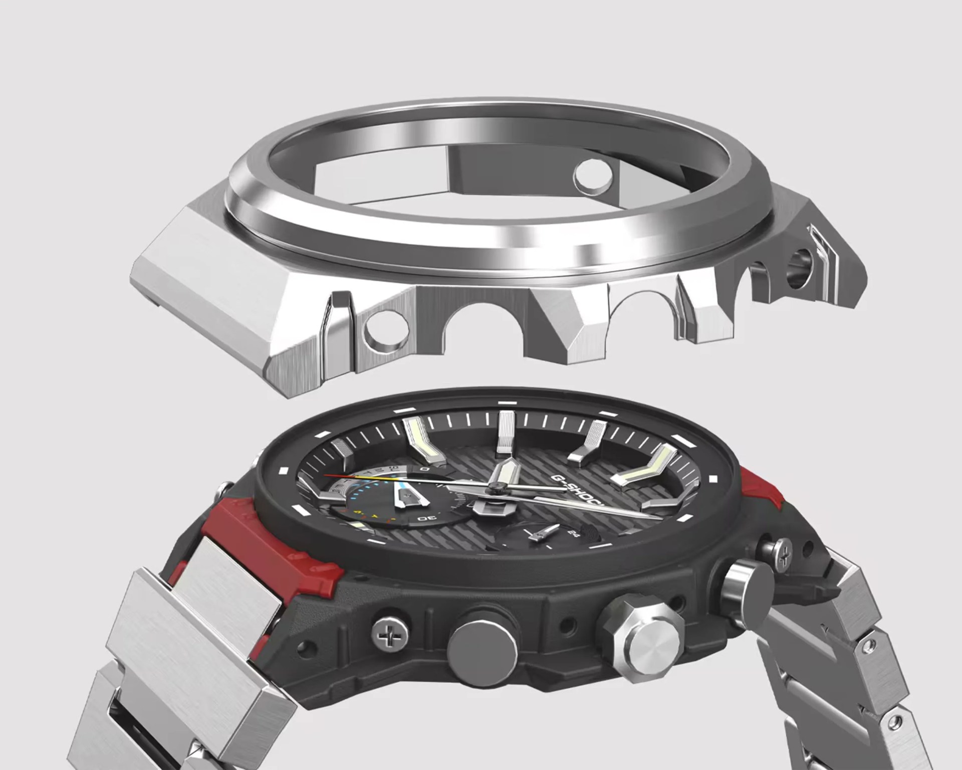 Disassembled silver metal watch case with black and red G-Shock watch face and silver metal strap.