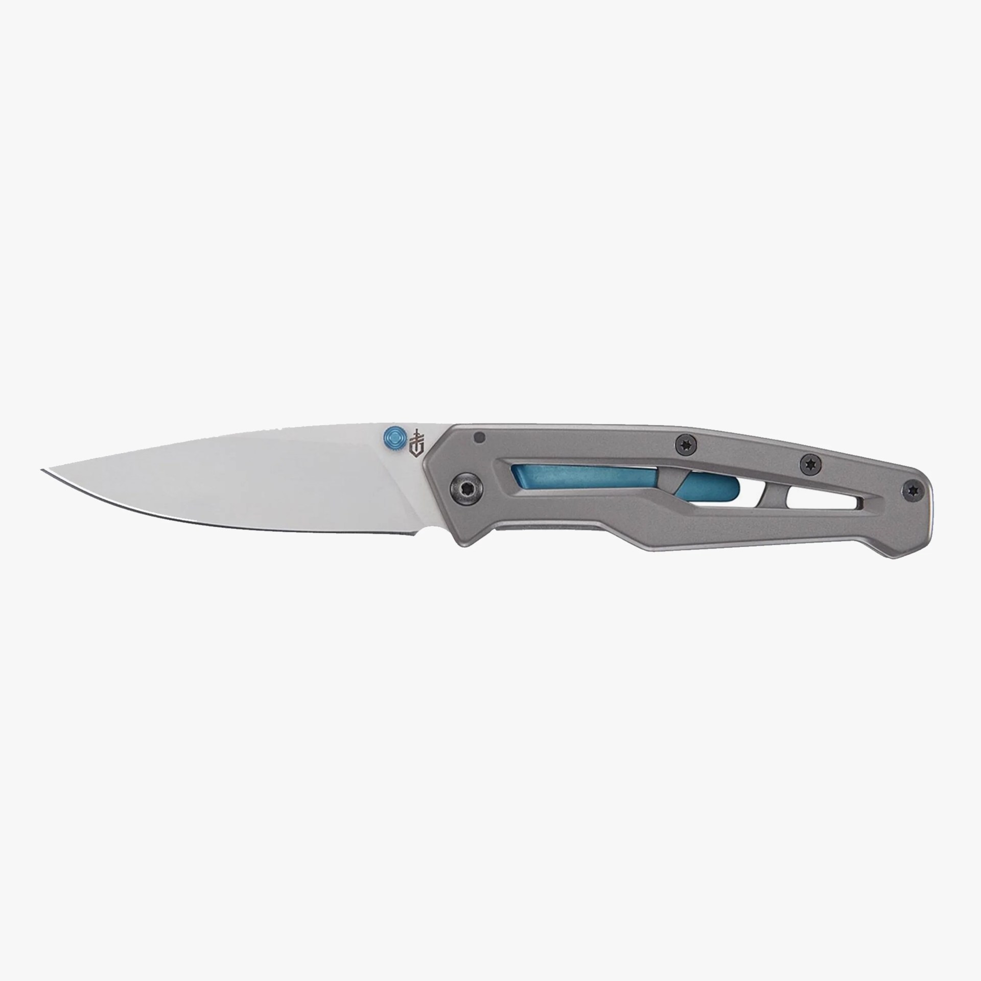 Folding knife with a silver blade and gray handle featuring blue accents and cutout design.