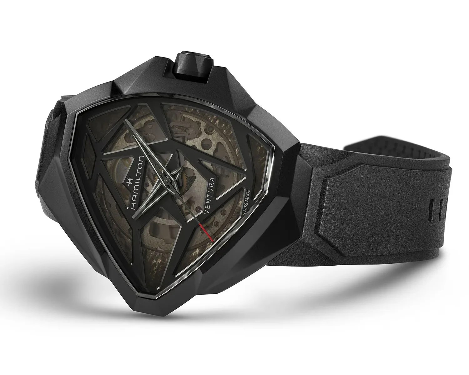 Black Hamilton Ventura wristwatch with a triangular case, skeleton dial, and black rubber strap.