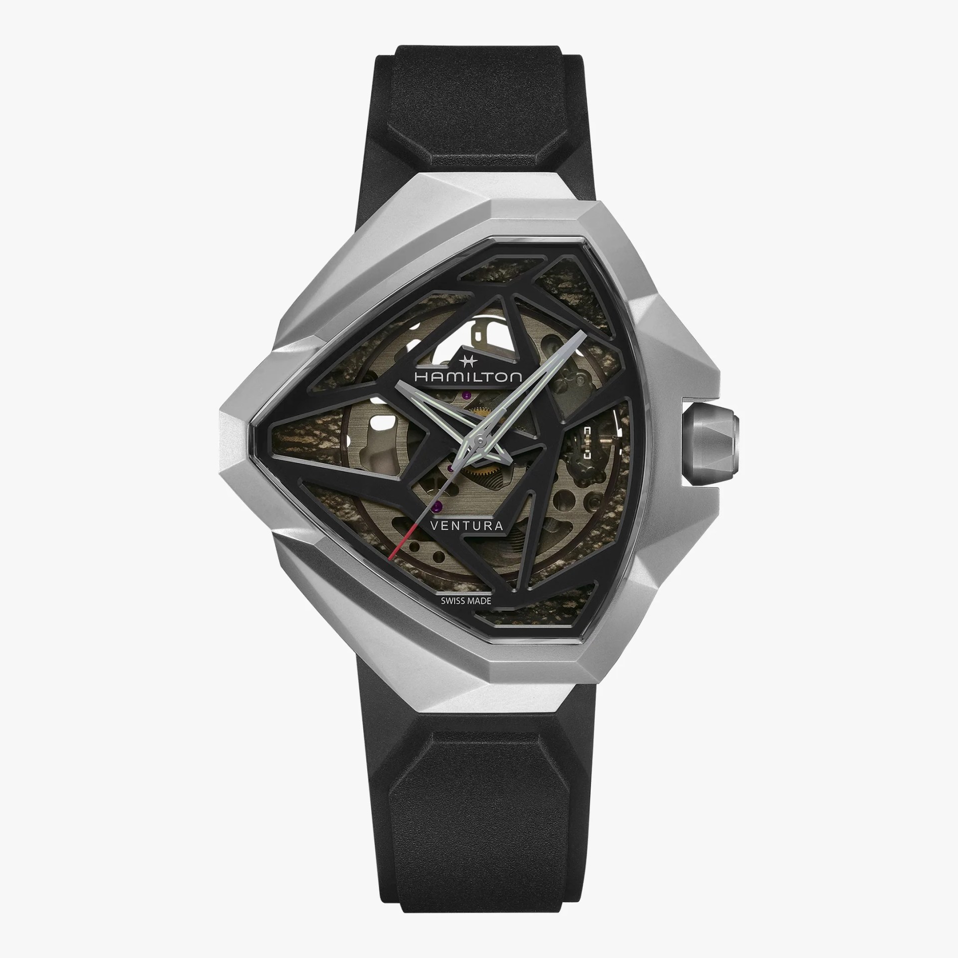 Hamilton Ventura wristwatch with a geometric silver case, black skeleton dial, and black rubber strap.