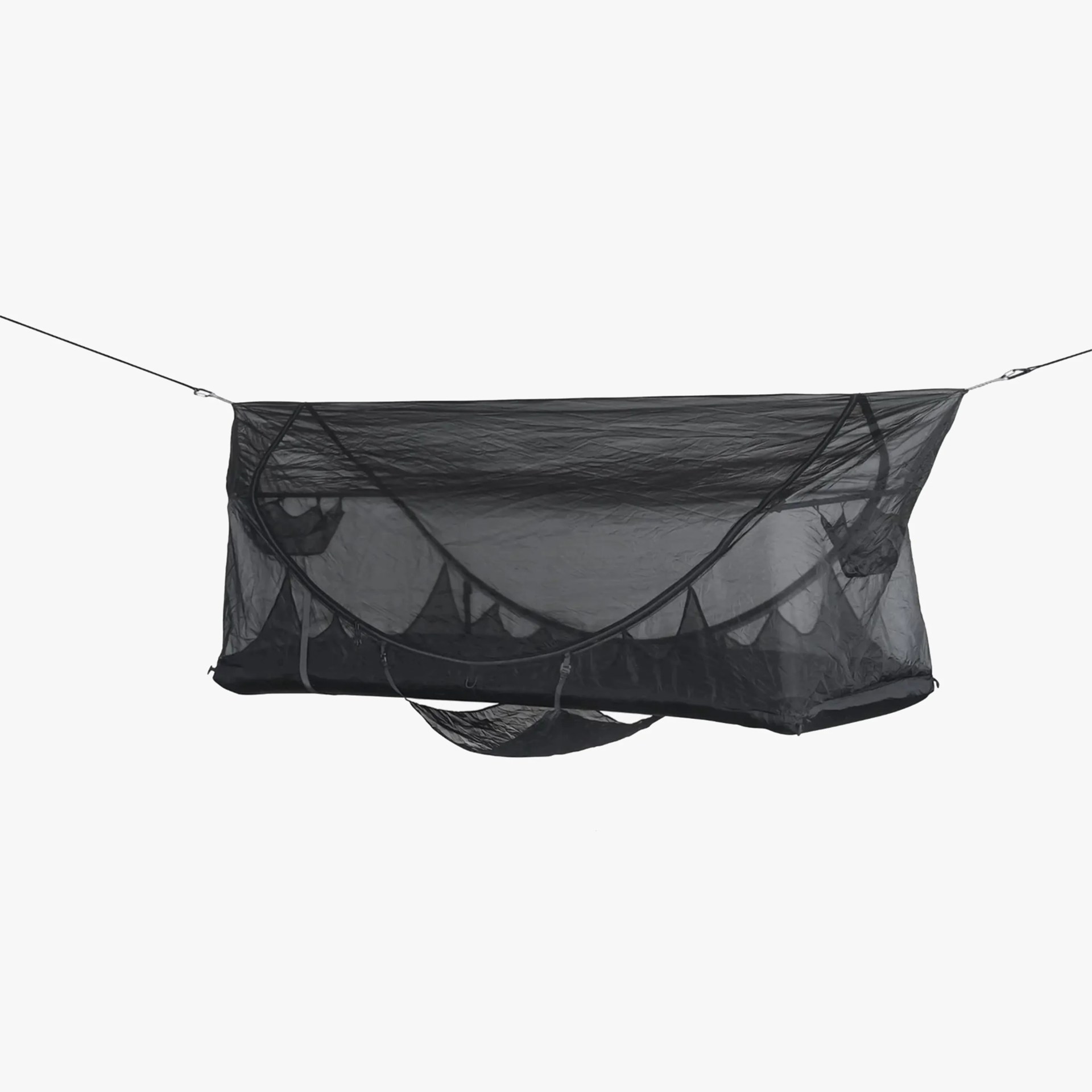 Black suspended mosquito net hammock with zippered entry and attached storage pouch.