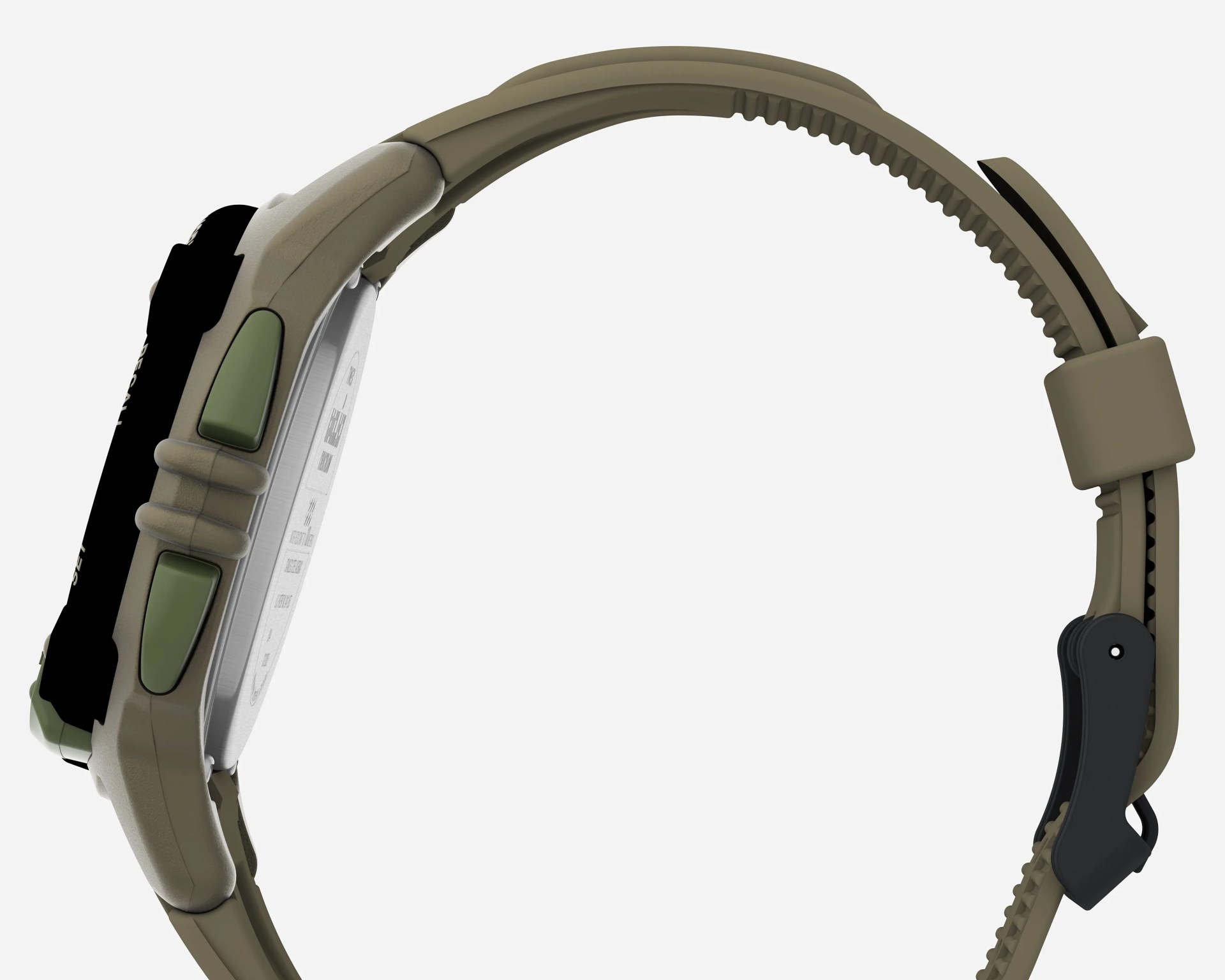 Side view of a digital watch with an olive green rubber strap and green buttons on the case.