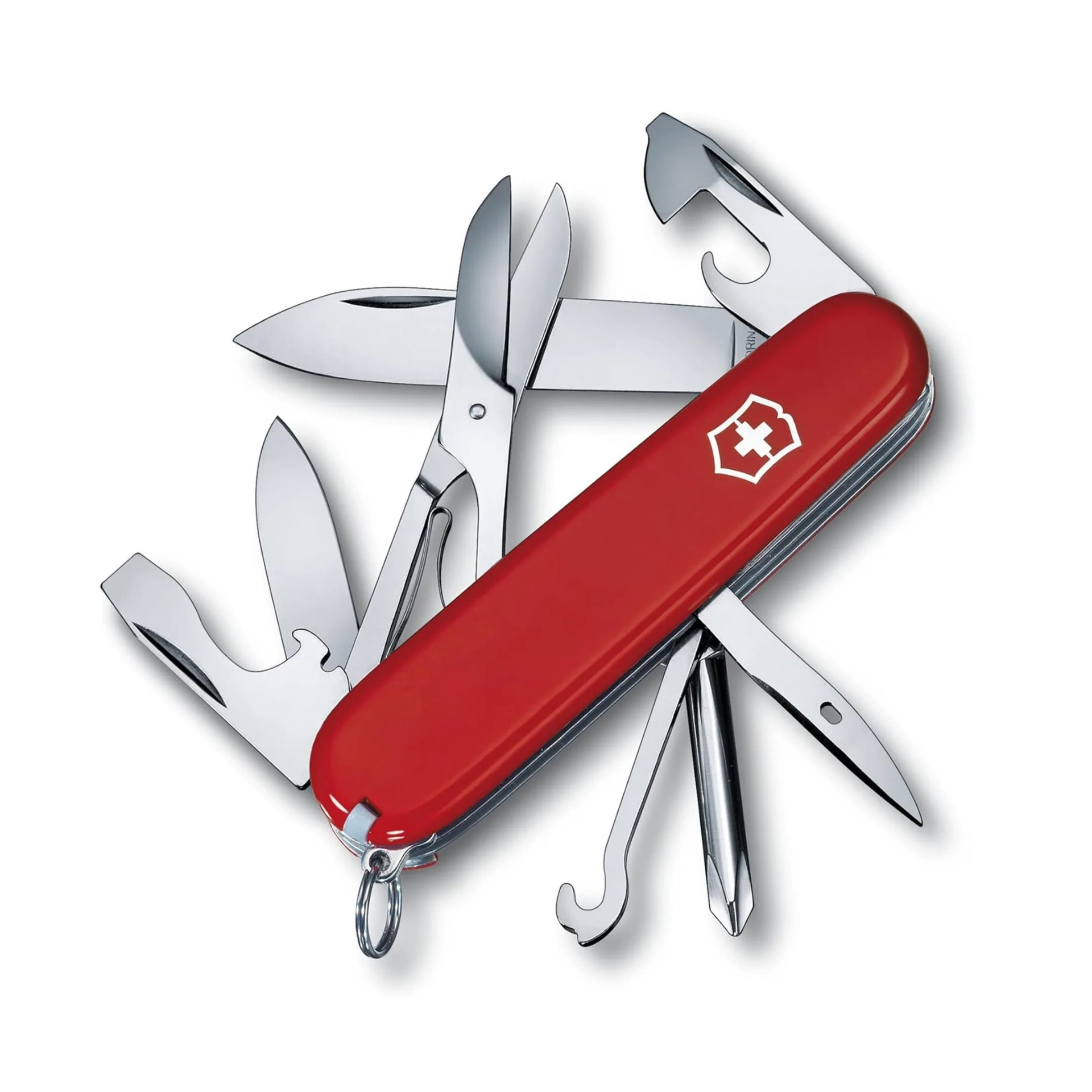 Red Swiss Army knife with multiple stainless steel tools extended, including blades, scissors, and screwdriver.